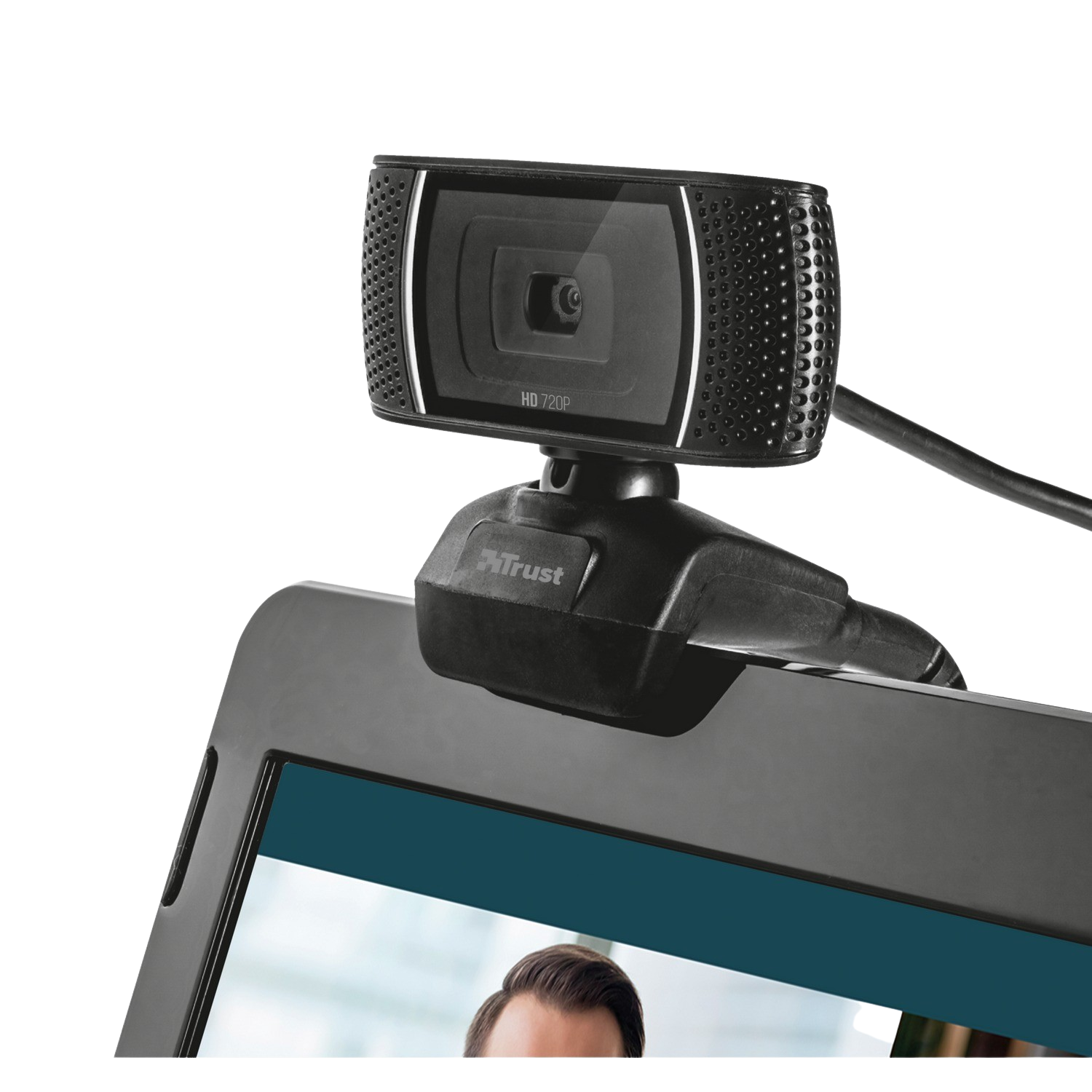 Webcam nera su un tablet, con il volto di una persona sullo schermo.