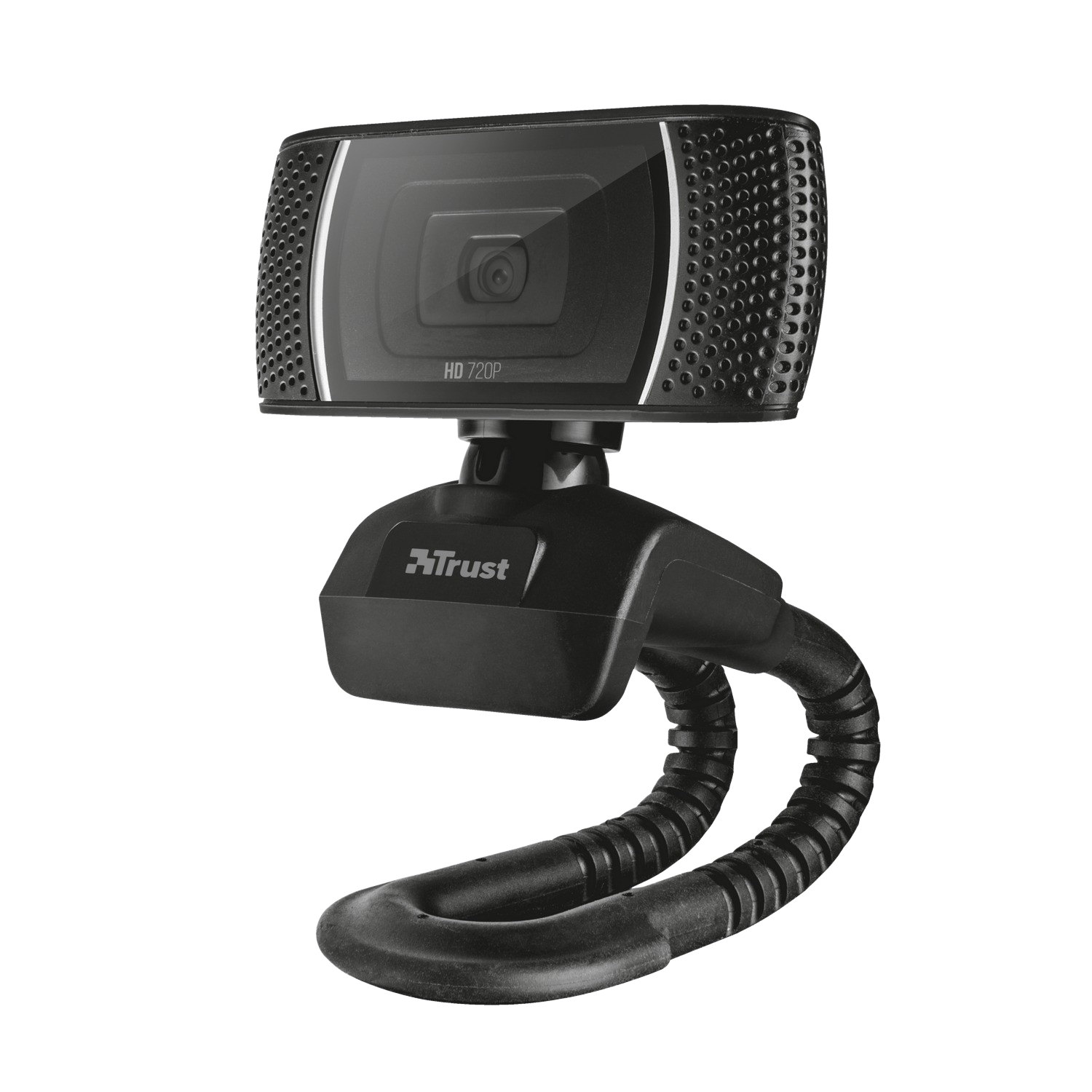 Webcam nera con supporto flessibile. Il marchio Trust è sulla webcam.