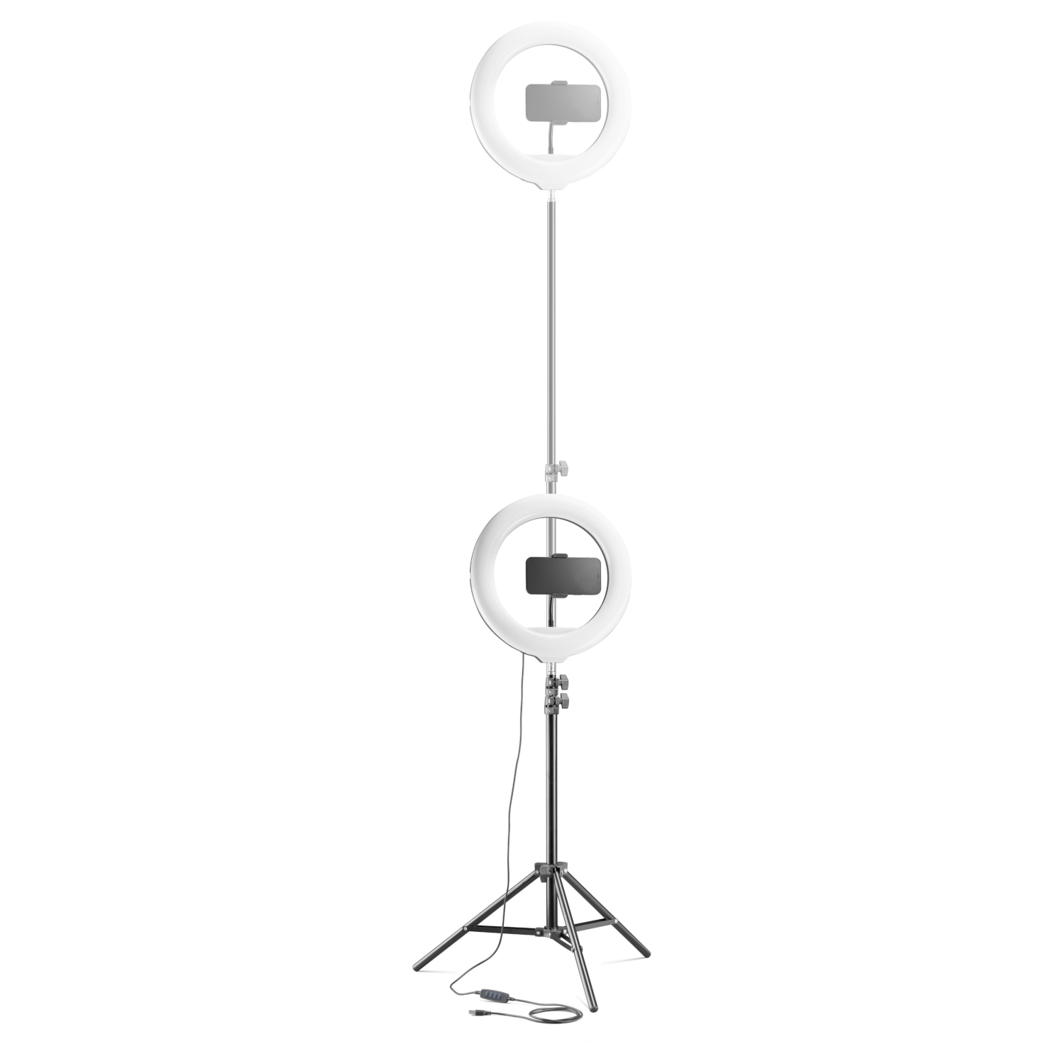 Una luz de anillo blanca con un soporte para teléfono montada en un trípode negro alto.