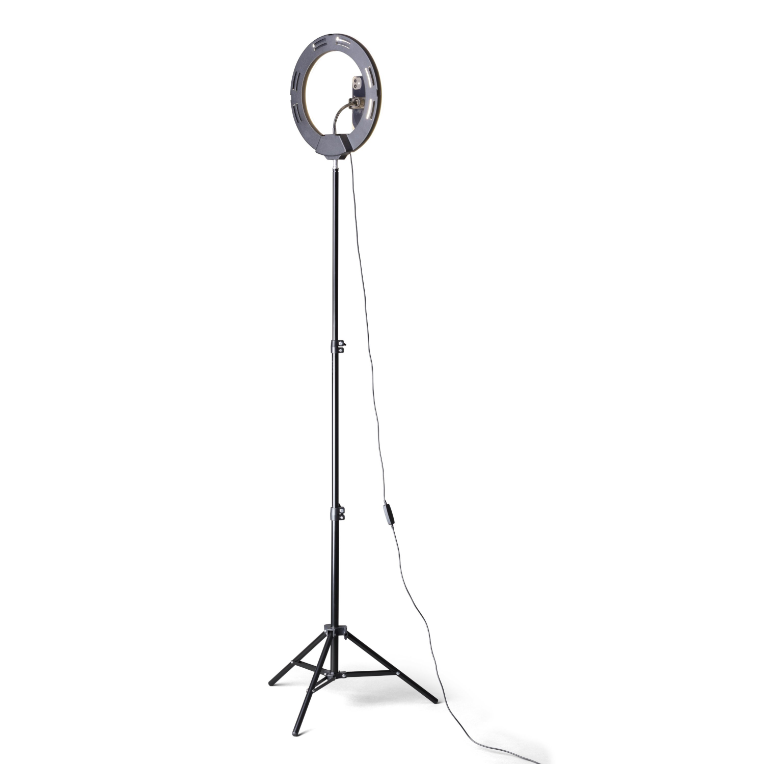 Un aro de luz negro alto sobre un soporte, con cable de alimentación. El fondo es blanco.