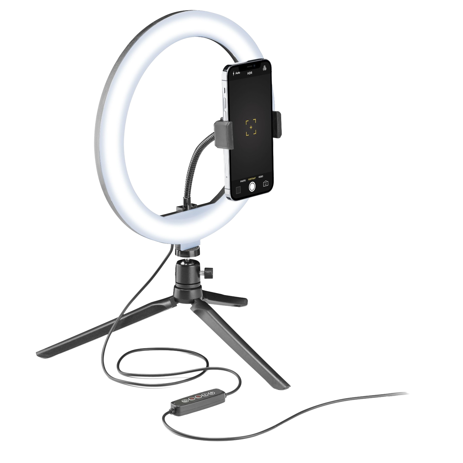 Una luz de anillo con smartphone en soporte sobre trípode. Cables y módulo de control negros visibles.