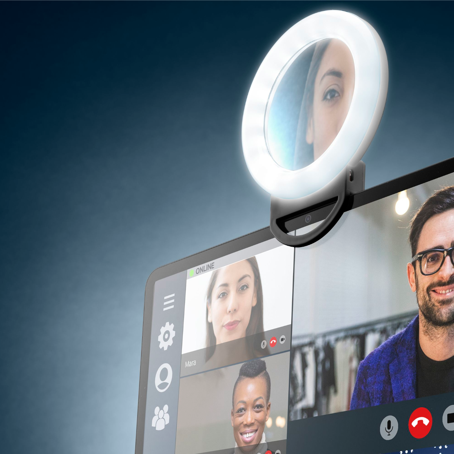 Ein Laptop-Bildschirm mit einem Ringlicht und einer Videoanruf-Oberfläche.