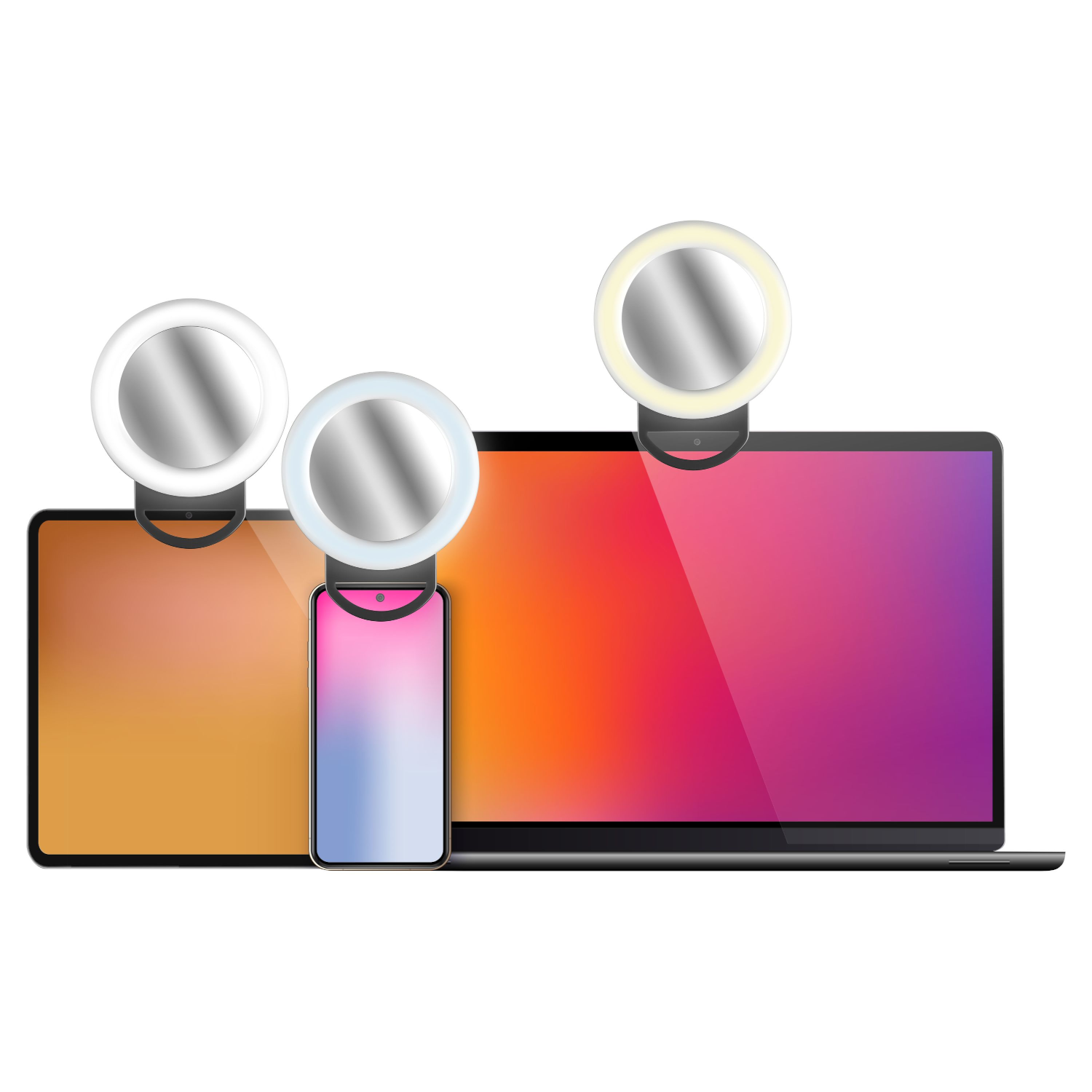 Drei Ringlichter auf einem Tablet, Telefon und Laptop. Jedes hat einen Spiegel. Weißer Hintergrund.