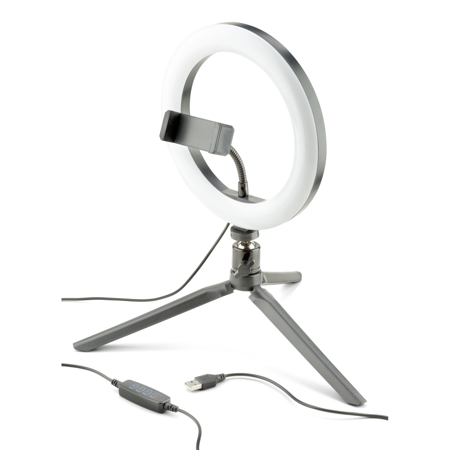 Anello luminoso con supporto per telefono su treppiede e cavo USB su superficie bianca.