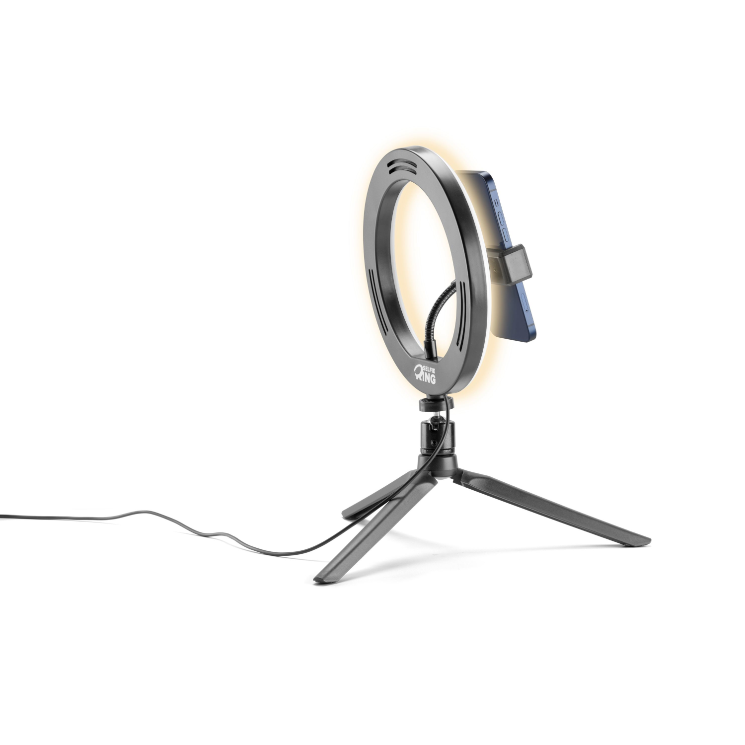 Anello luminoso con supporto per telefono su treppiede, che illumina il telefono.