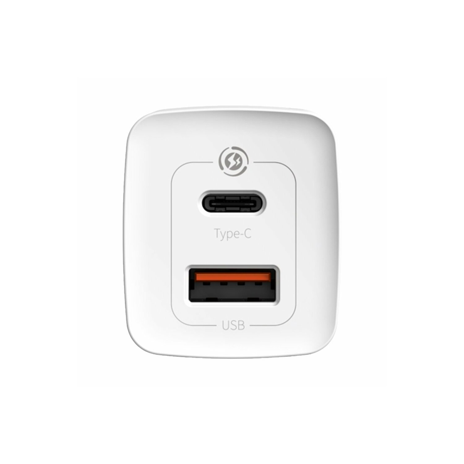 Biała ładowarka z portami USB i USB-C, skierowana do góry.