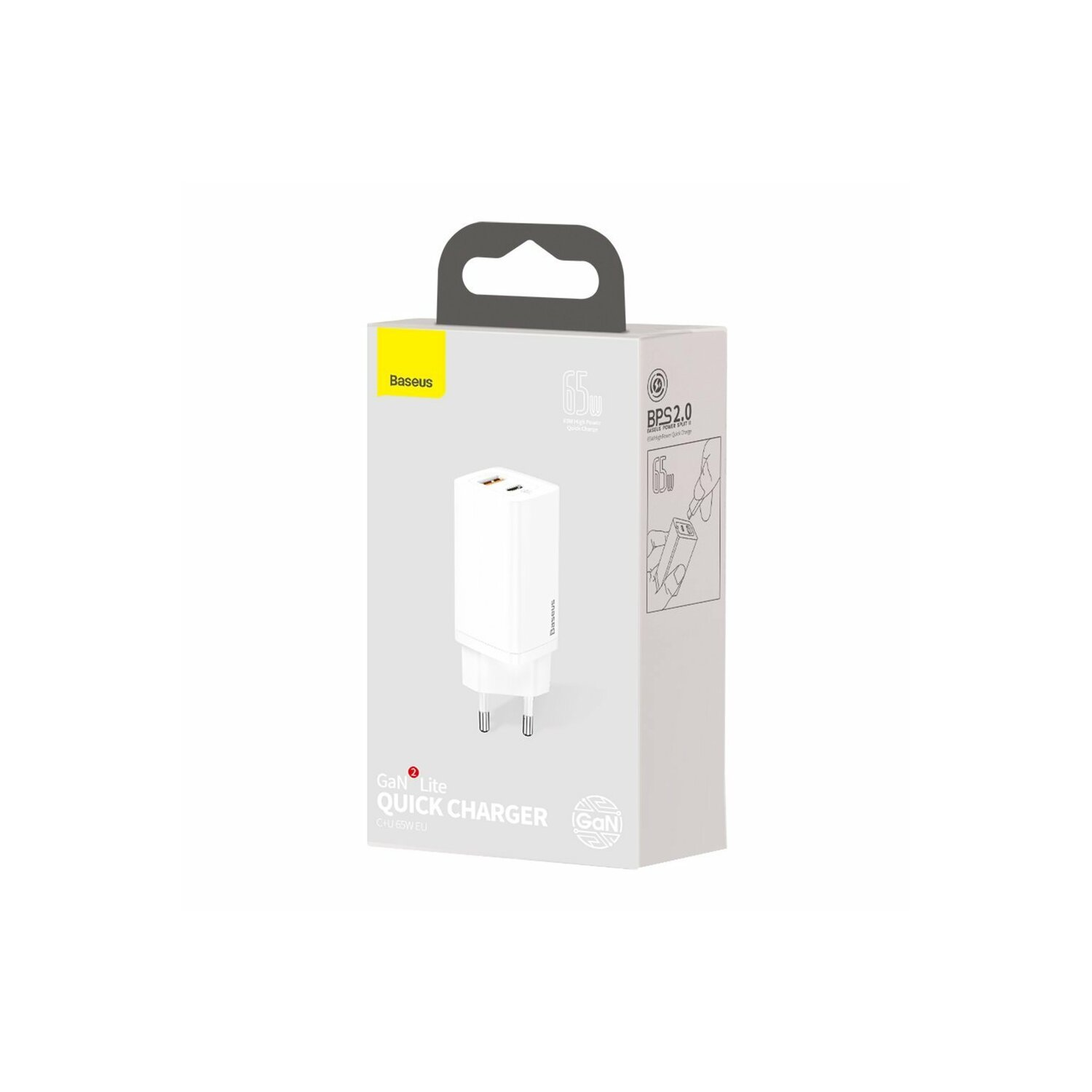 Biała ładowarka w pudełku z czarnym uchwytem.