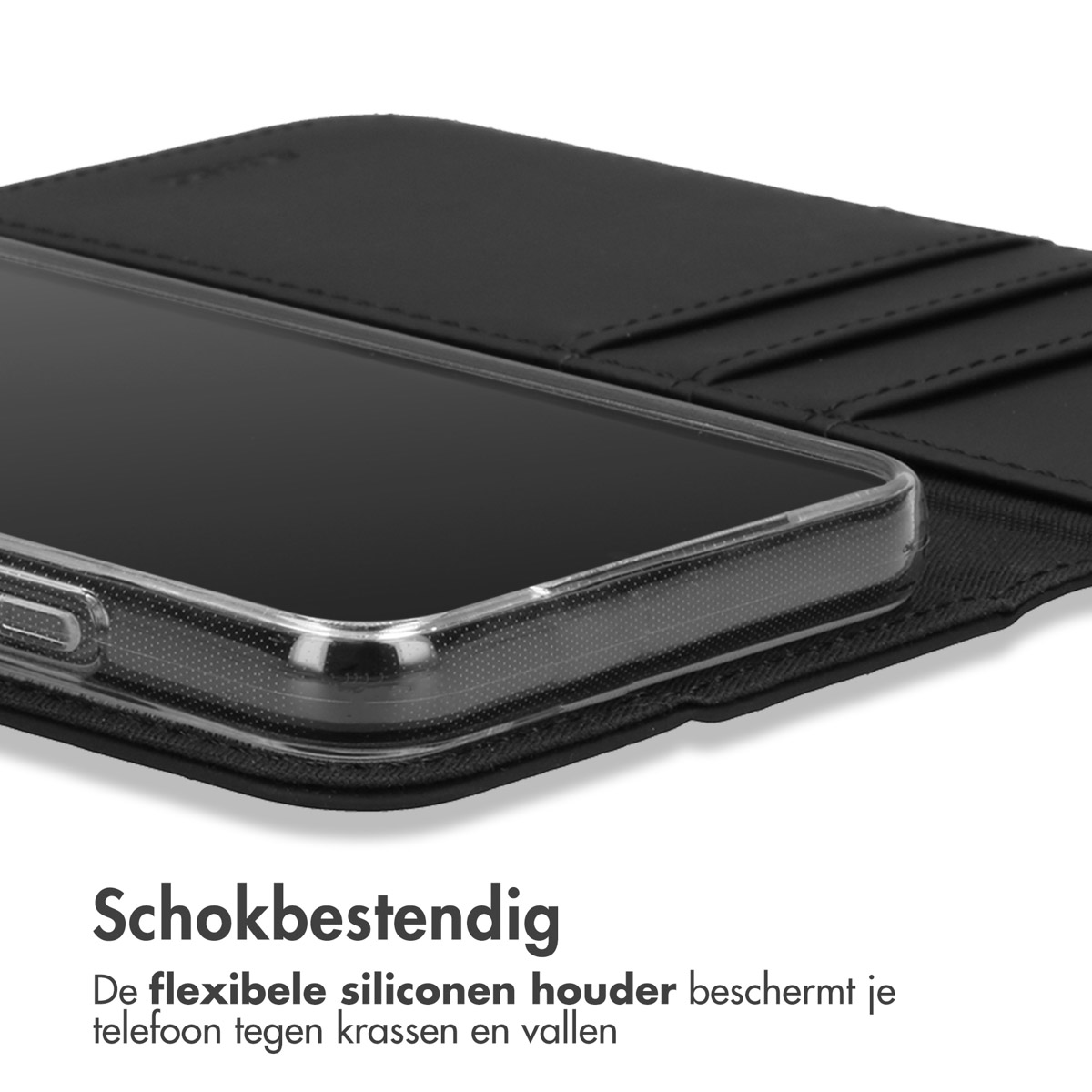 Schwarze Handyhülle mit Handy. Text: Stoßfest. Flexibler Silikonhalter schützt.