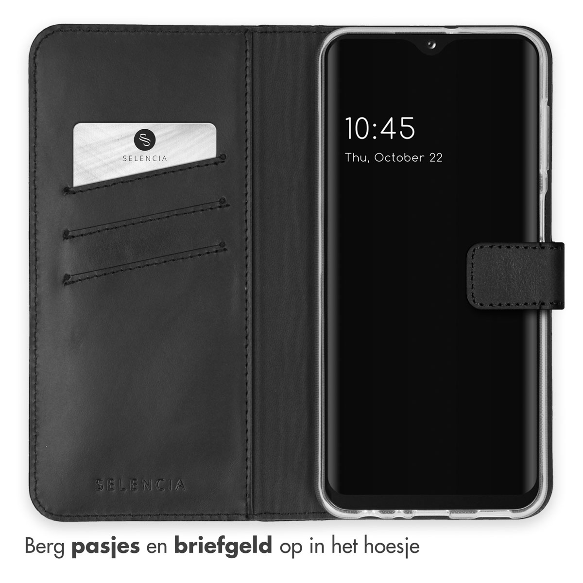 Zwarte telefoonhoes met creditcard, telefoon met tijd 10:45.