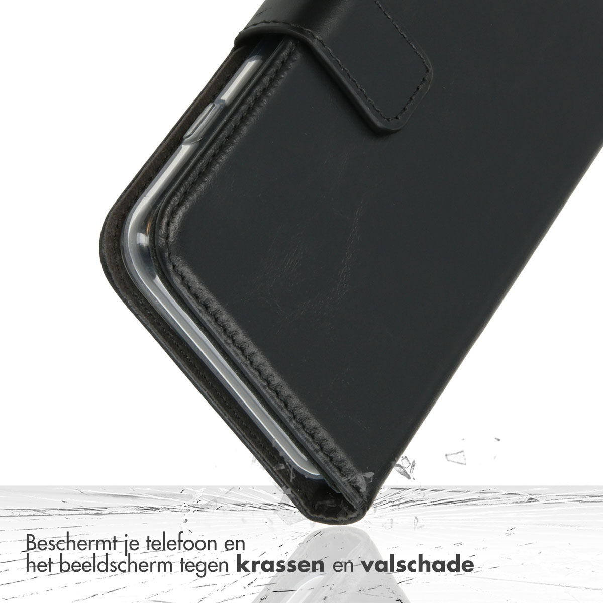 Schwarze Handyhülle mit Telefon, offen, zeigt einen Bildschirm und die Worte unten.