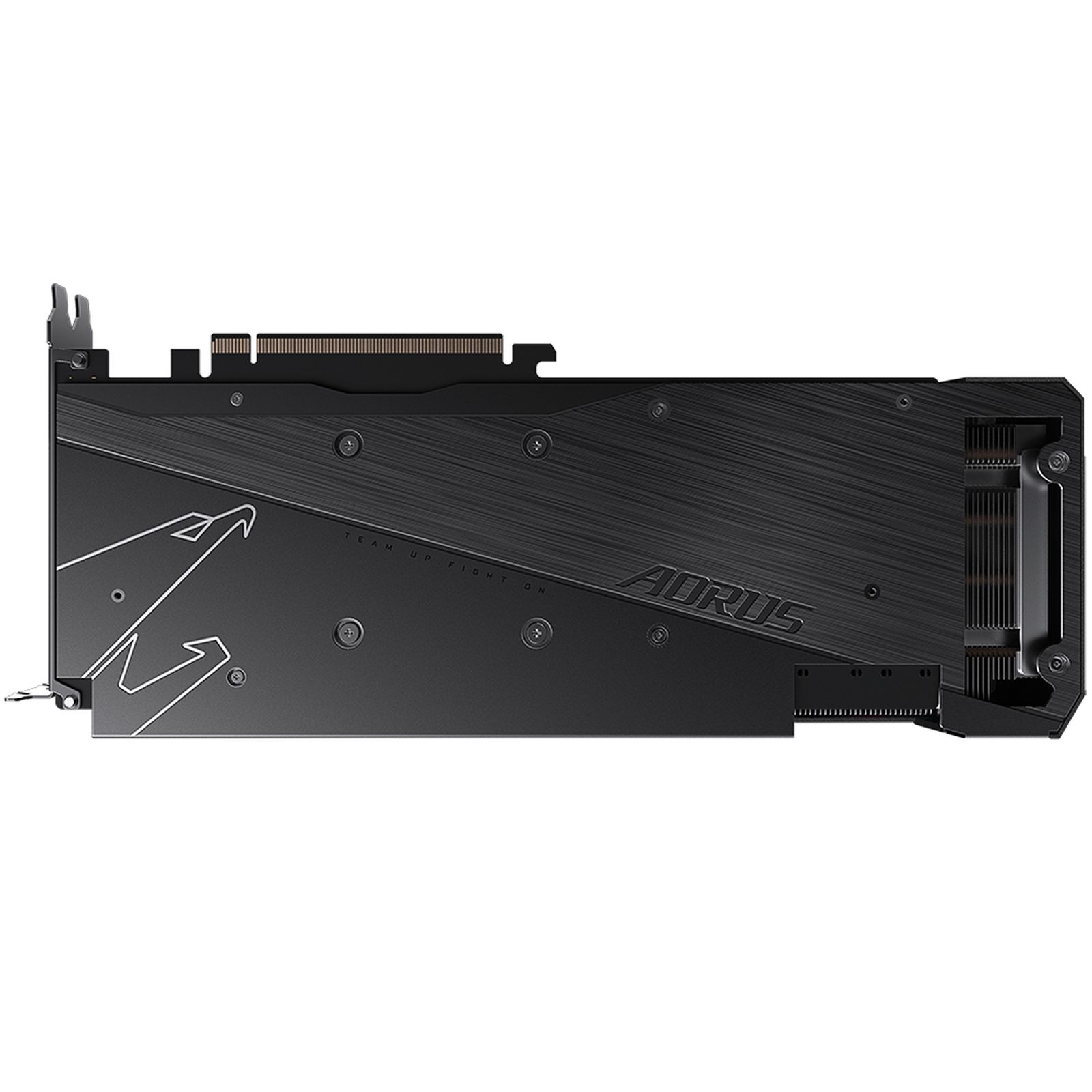 Scheda grafica AORUS nera con logo AORUS. Sfondo nero. Vista posteriore della scheda.