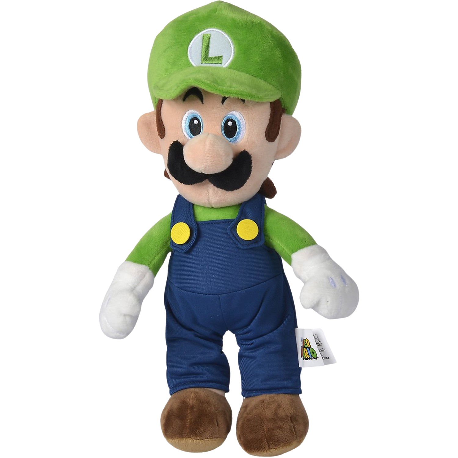 Luigi-Plüschpuppe mit grünem Hut, Latzhose und weißen Handschuhen.