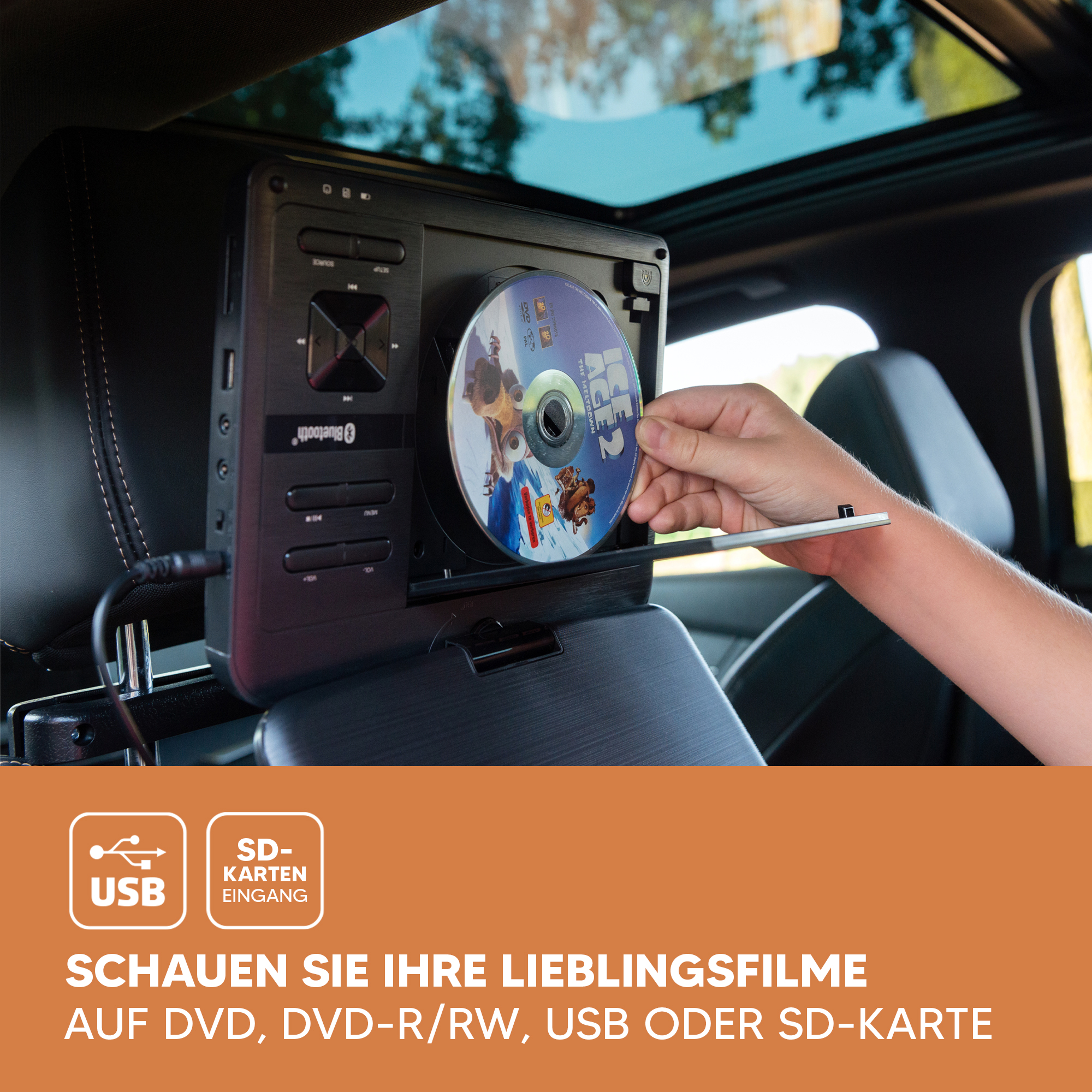 DVD-Player im Auto mit einer Hand, die eine Disc einlegt. USB- und SD-Karten-Anschlüsse werden gezeigt.