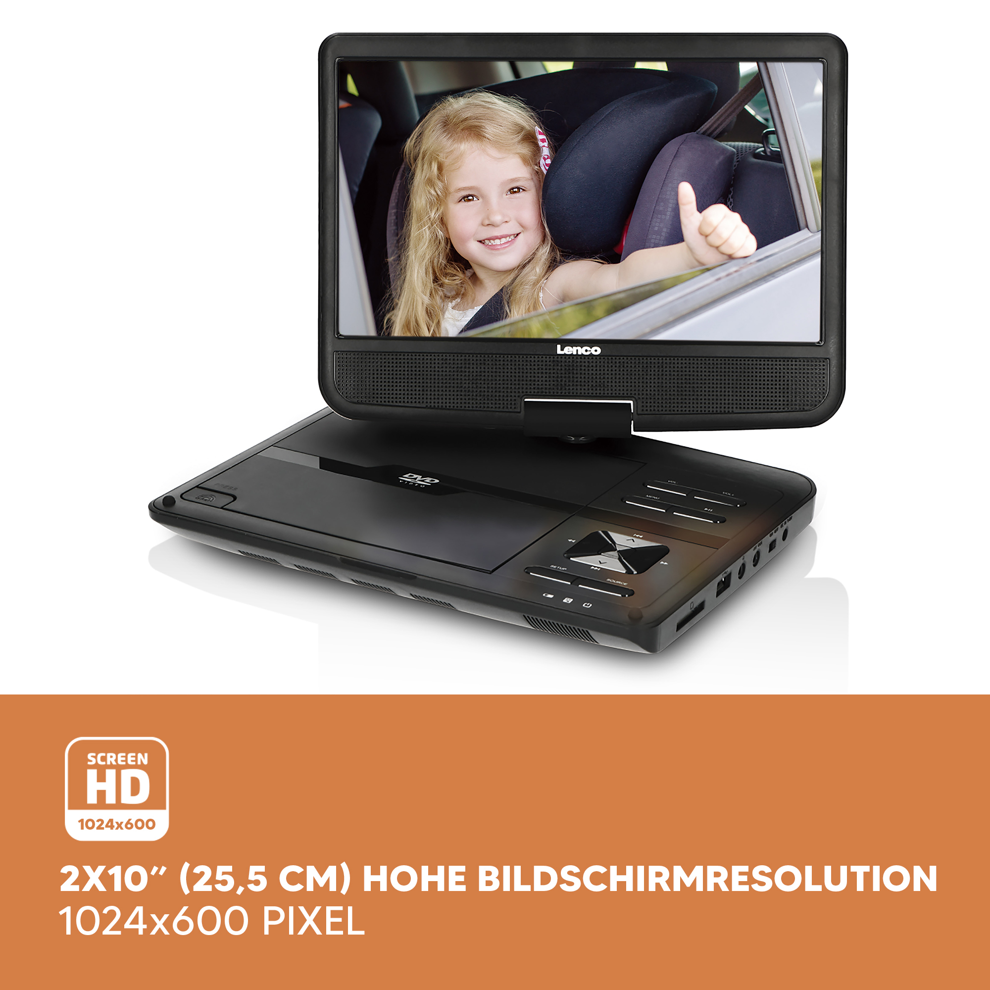 Ein schwarzer tragbarer DVD-Player mit einem Bildschirm, der ein Mädchen im Auto zeigt.