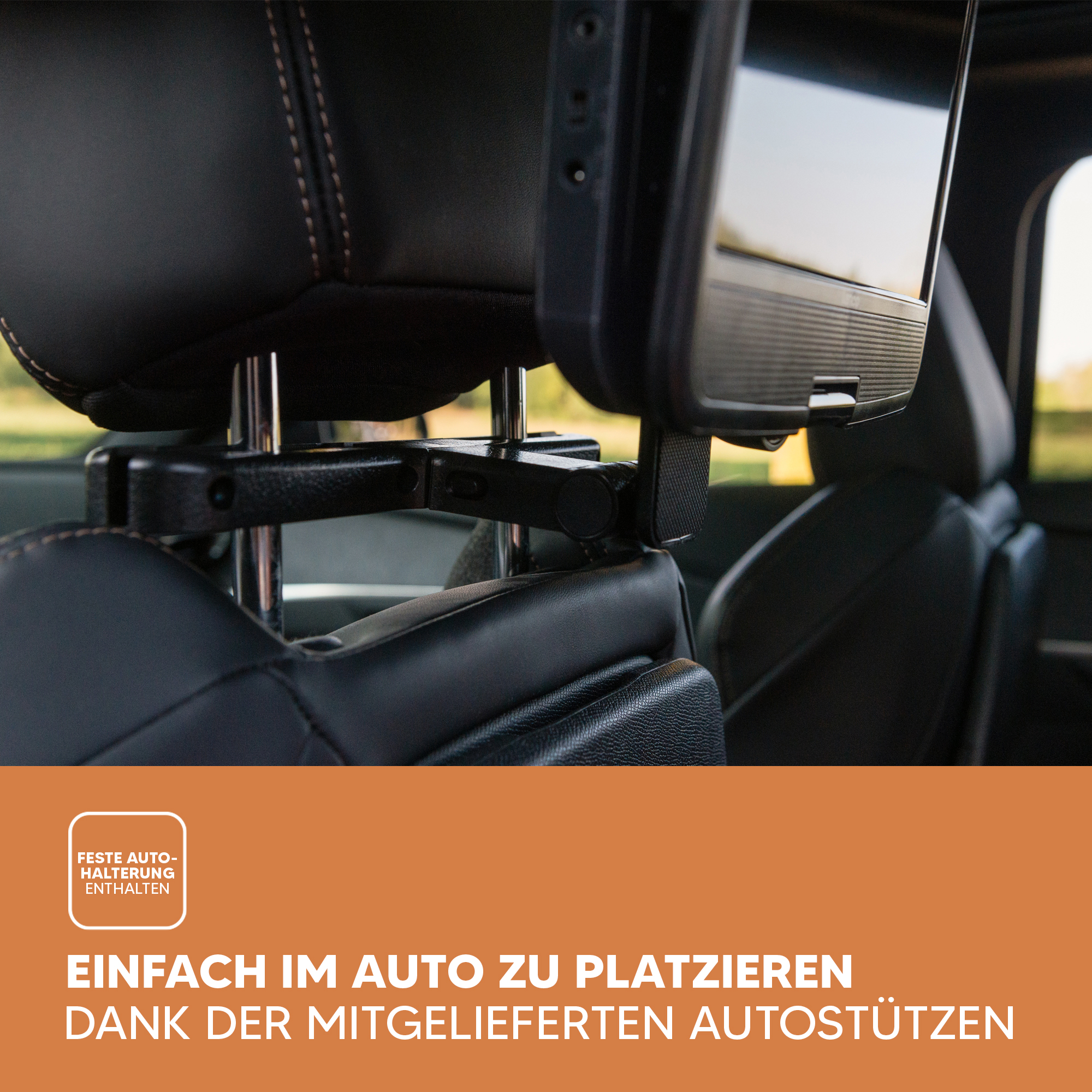Eine Kopfstütze mit Bildschirm, zeigt Text auf Deutsch über einfache Platzierung im Auto.