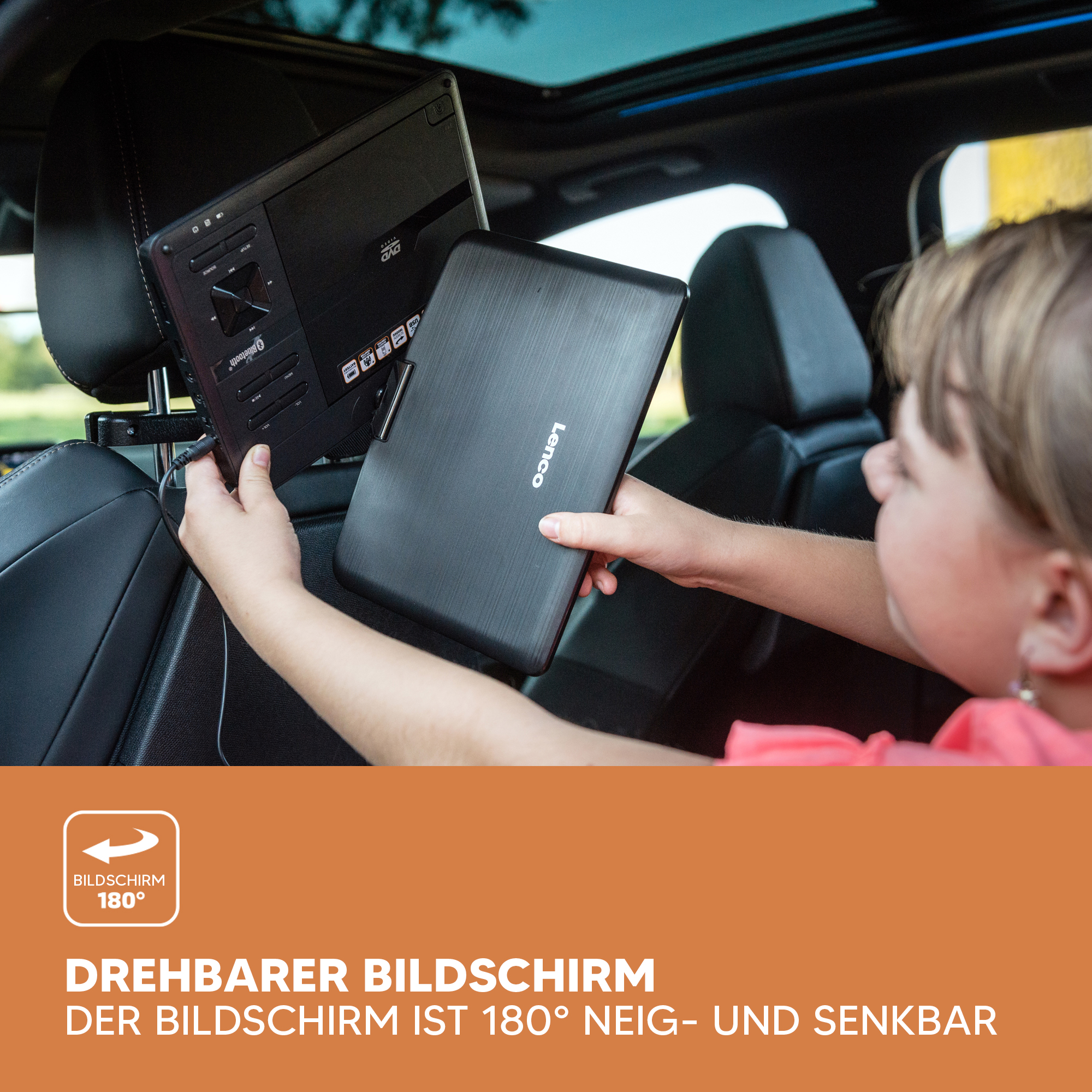 Kind hält Tablet, Bildschirm zum Betrachter. Text: 'DREHBARER BILDSCHIRM', Bildschirm dreht sich 180 Grad.