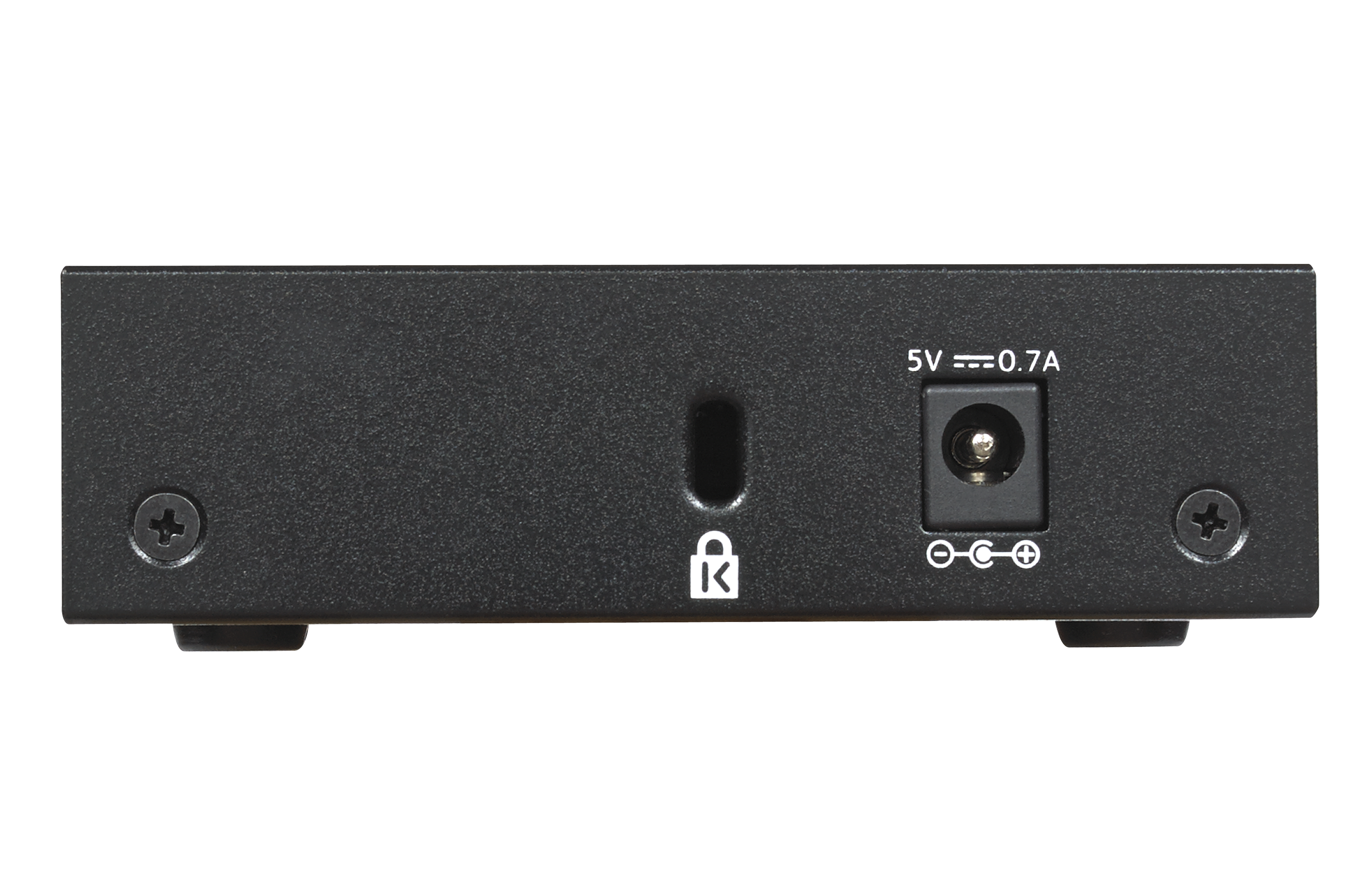 Czarne urządzenie sieciowe, widok z tyłu, z portami zasilania i danych.