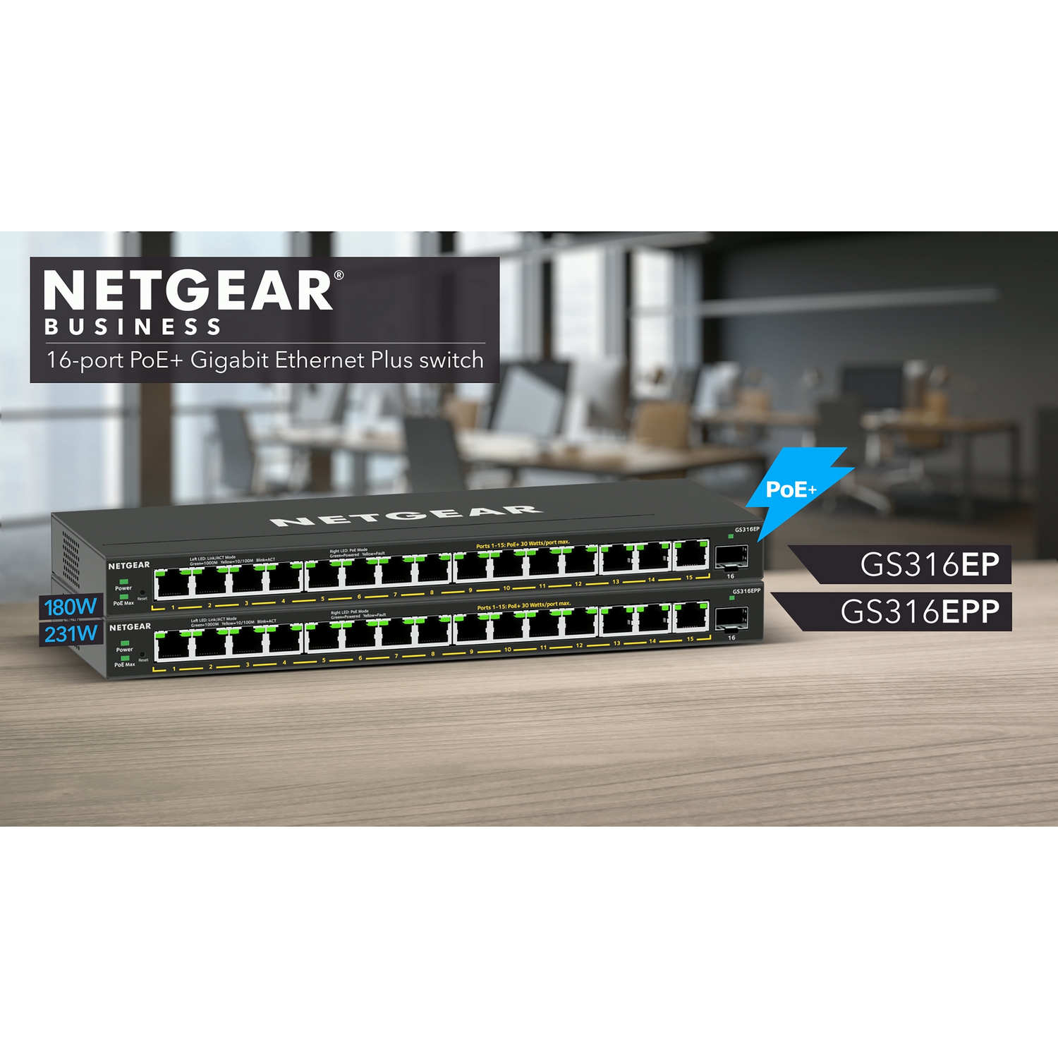 Czarny przełącznik Netgear 16-portowy Gigabit Ethernet Plus z PoE+ i etykietami GS316EP/EPP, na drewnianym stole.
