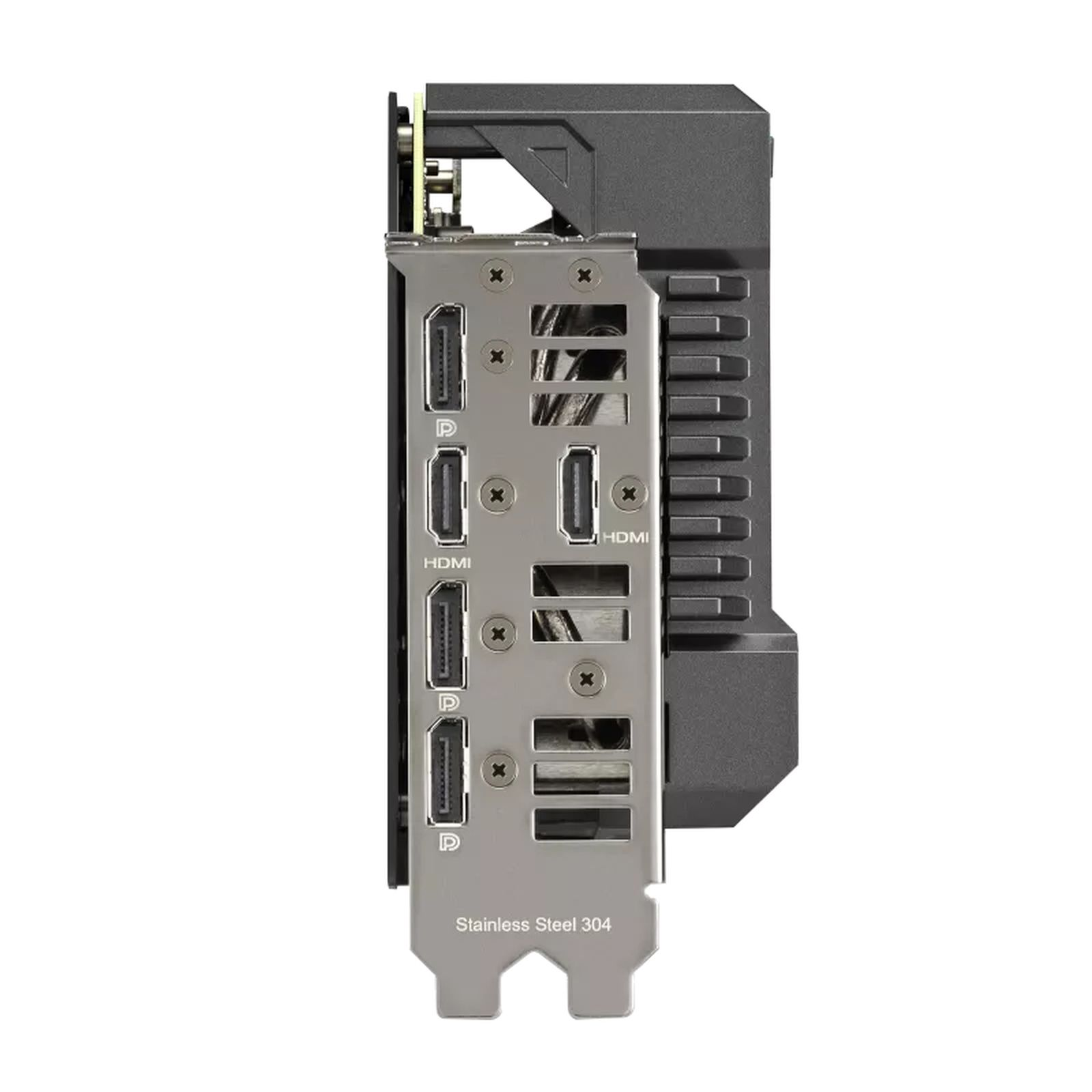 Porte della scheda grafica. Vista laterale della scheda grafica con più porte HDMI e display.
