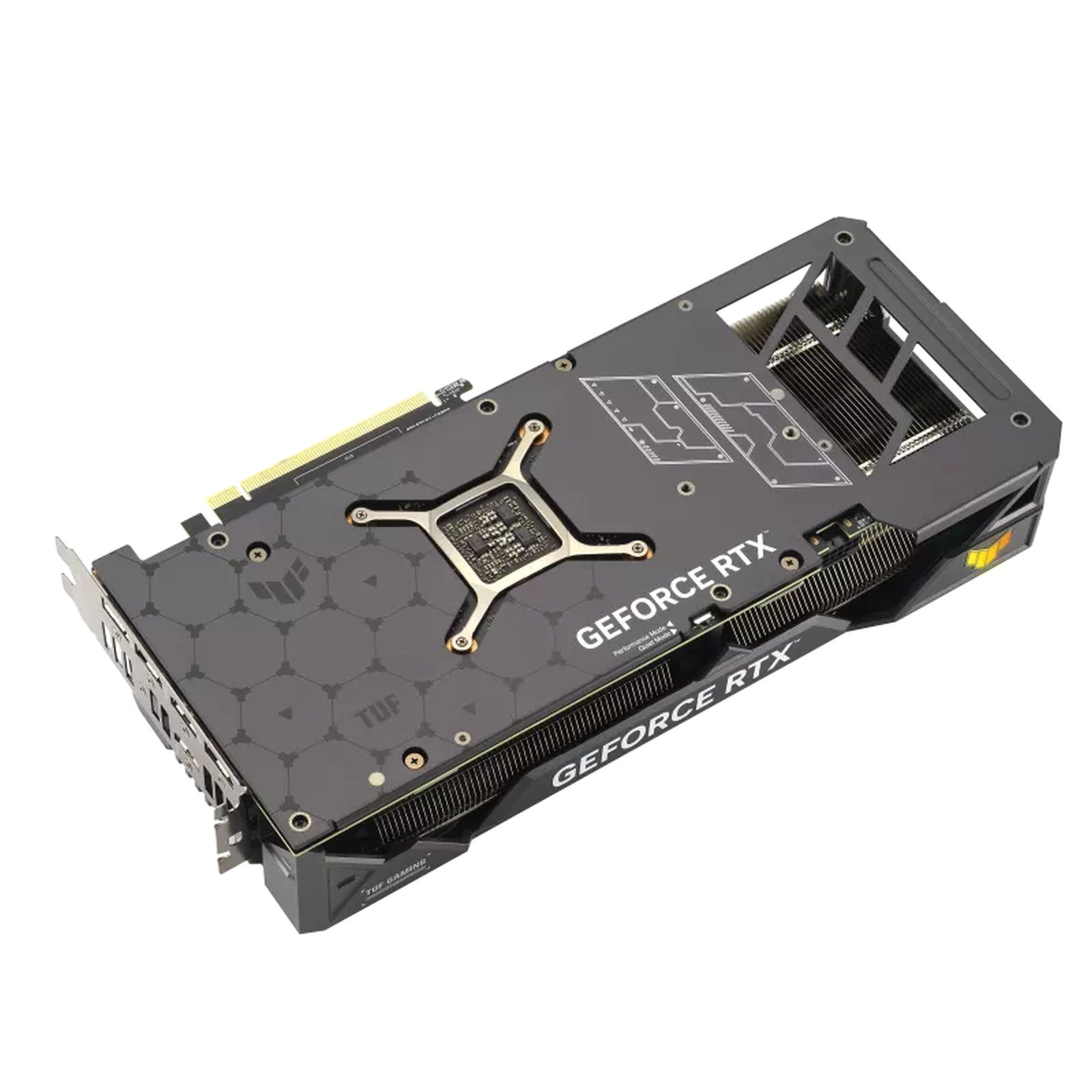 Scheda grafica GeForce RTX con elementi neri e grigi. Sfondo bianco.