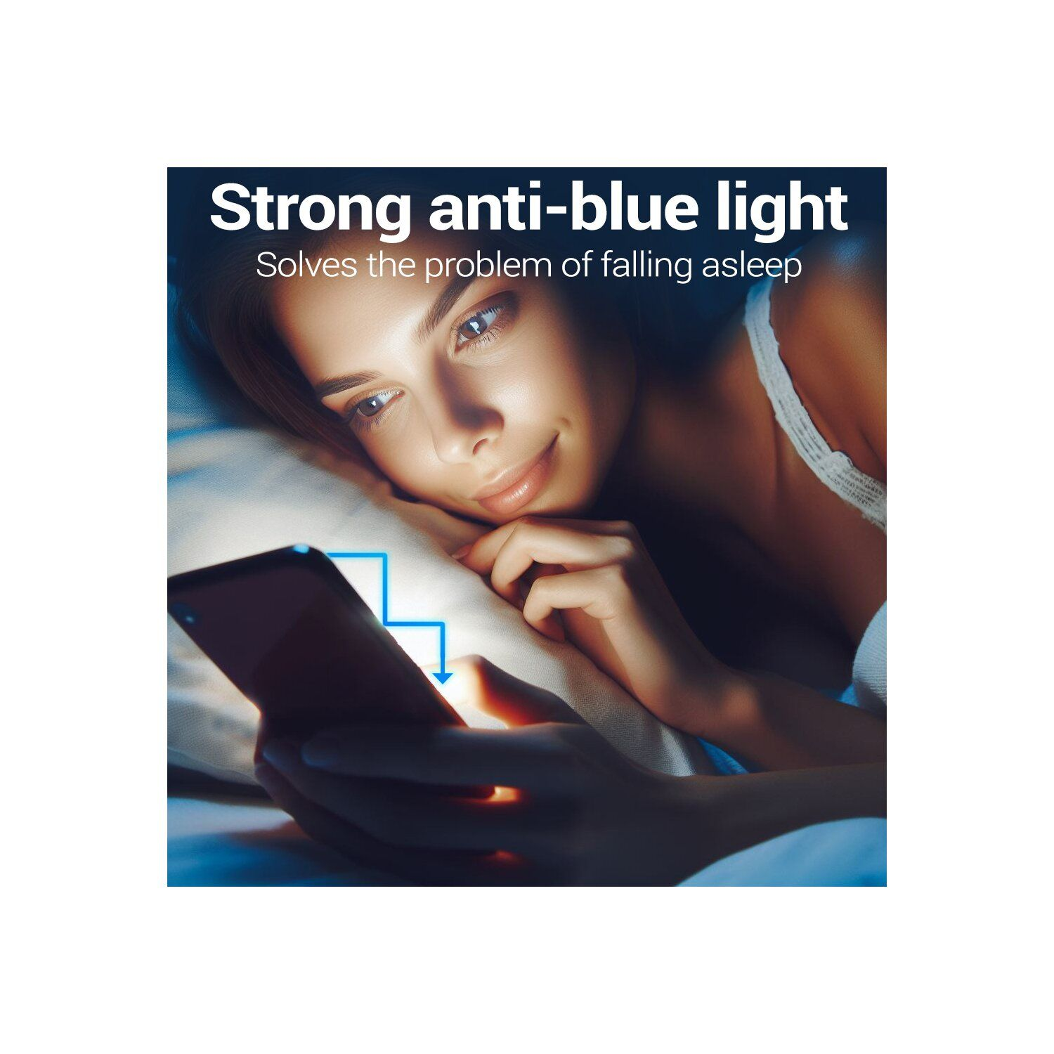 Frau benutzt Telefon im Bett, Anti-Blaulicht-Anspruch.