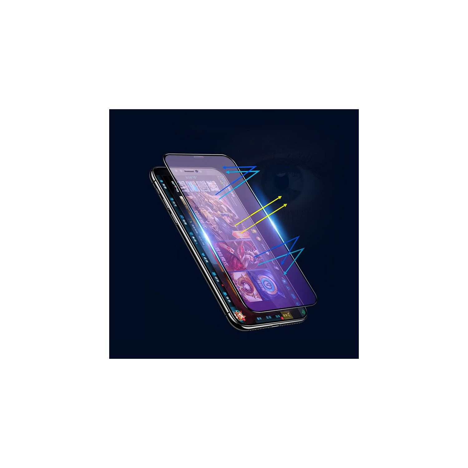 Smartphone mit angebrachter Displayschutzfolie, mit blauen und gelben Lichtstrahlen.