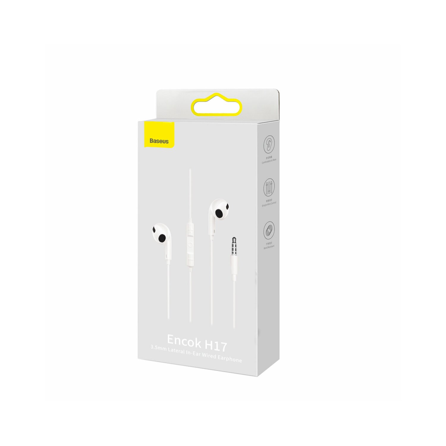 Białe pudełko słuchawek Baseus Enock H17 z ilustracjami słuchawek.