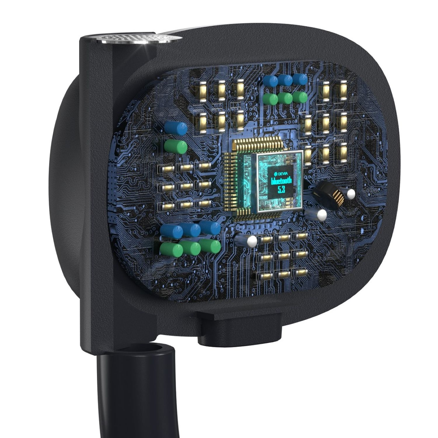 Nahaufnahme eines schwarzen Ohrhörers, der die interne Platine mit Bluetooth 5.3-Branding zeigt.