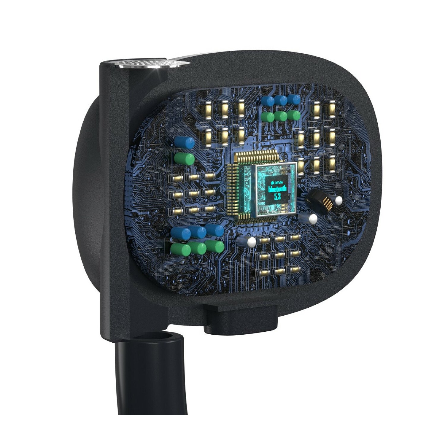 Auricolare nero con circuito stampato. Fili e testo Bluetooth 5.3 visibili.