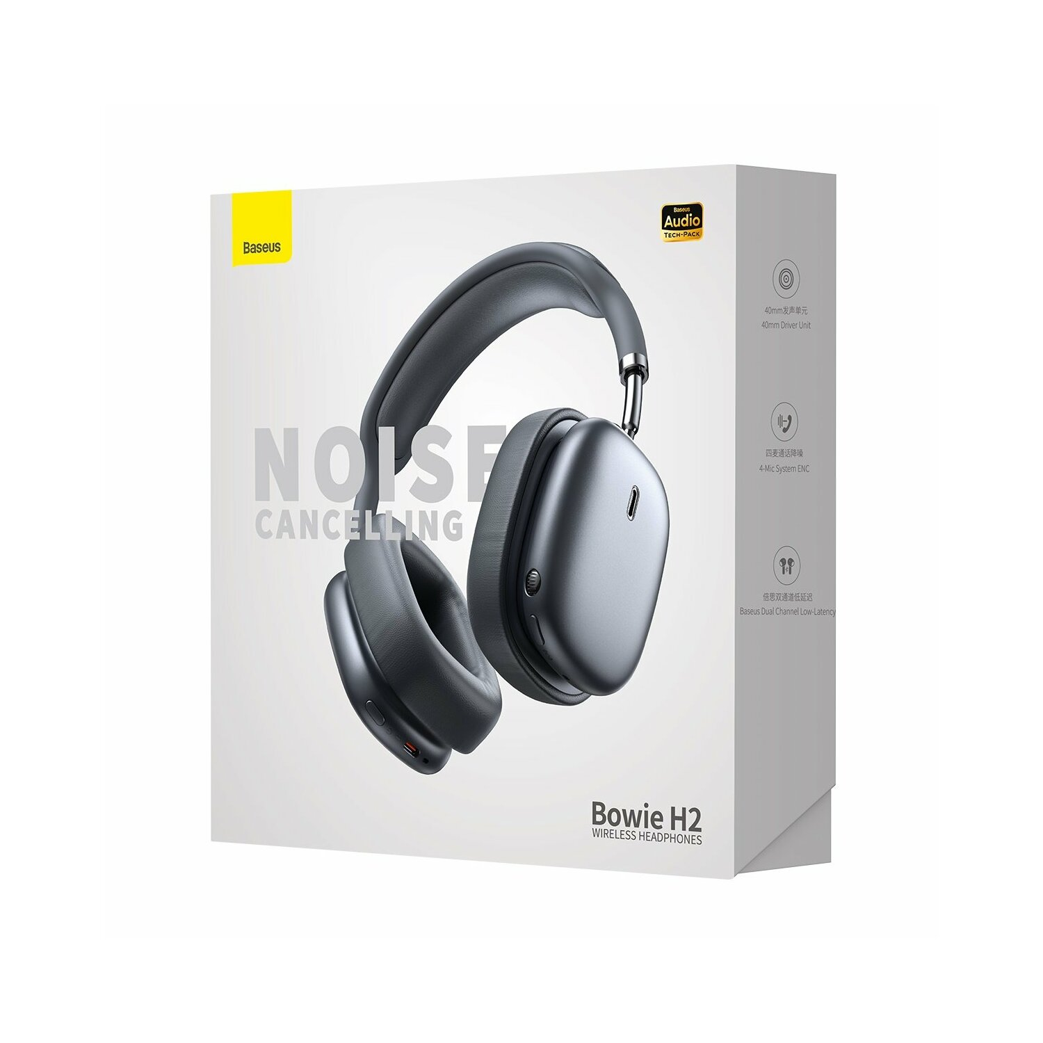 Eine weiße Box mit schwarzen Kopfhörern und Text: Noise Cancelling, Bowie H2 Wireless Headphones.