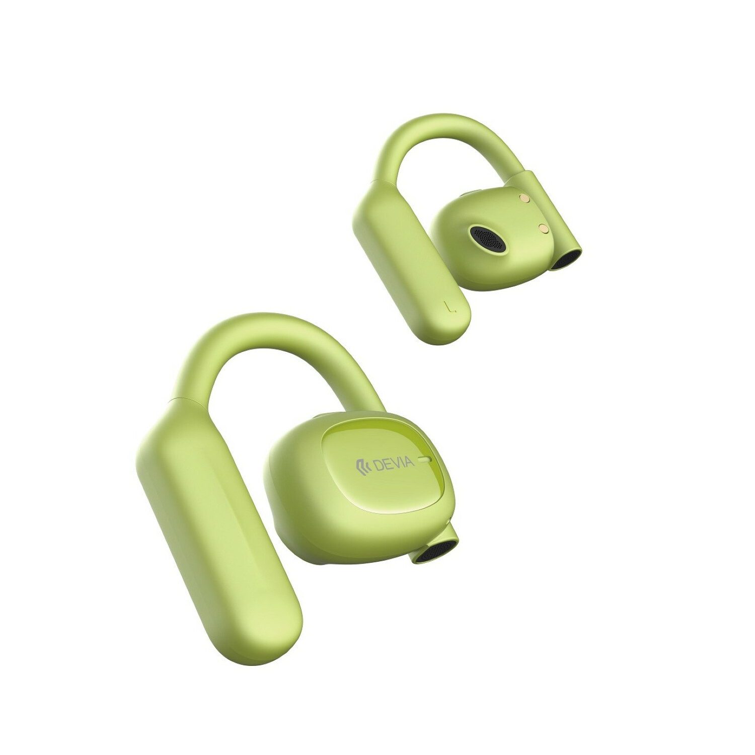Paio di cuffie wireless verdi con design curvo, posizionate su sfondo bianco.