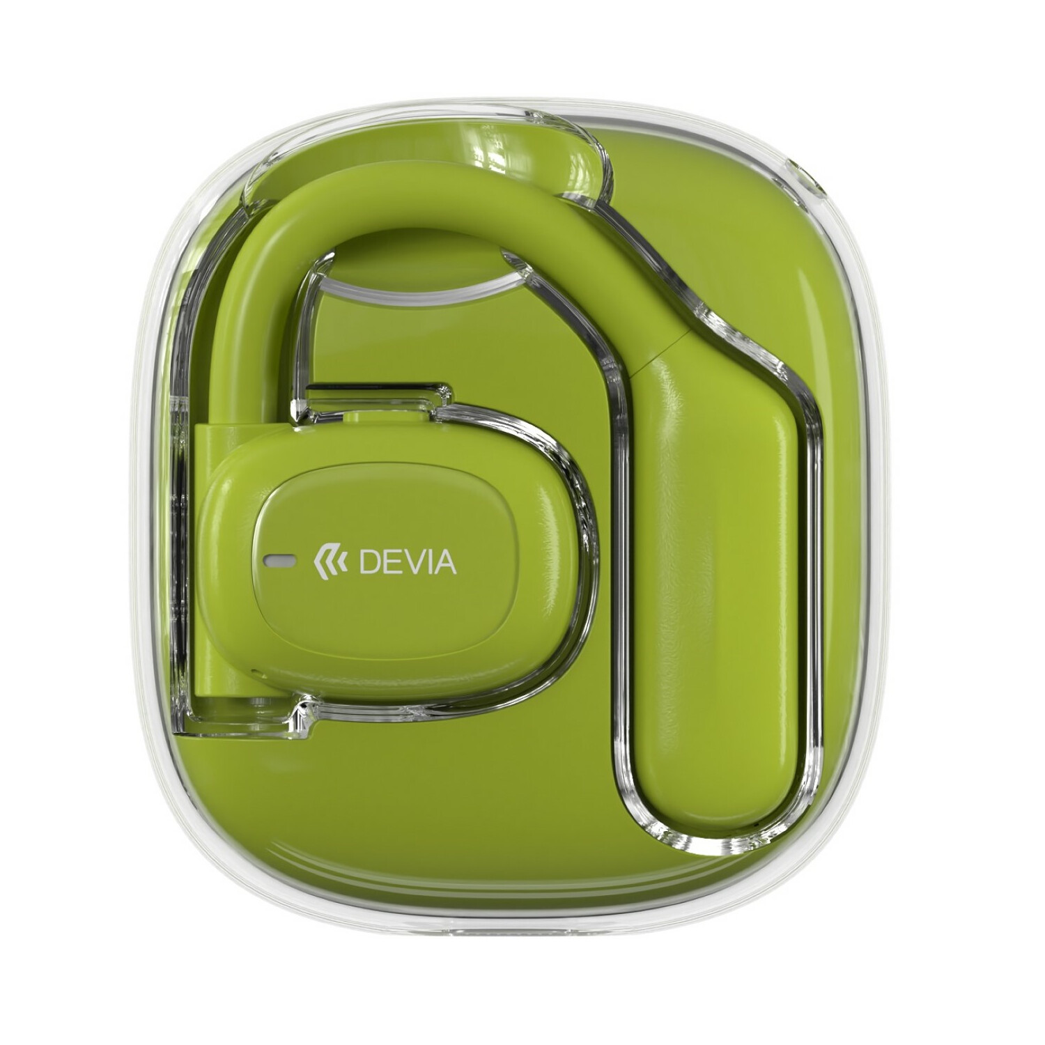 Un set di cuffie in-ear verdi in una custodia trasparente.