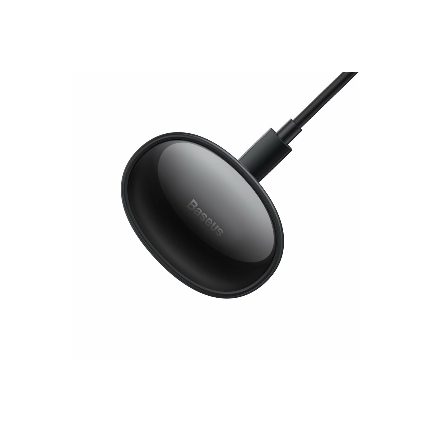 Schwarzes kabelloses Ladegerät von Baseus. Oval geformt. Schwarze Oberfläche, glänzendes Finish.