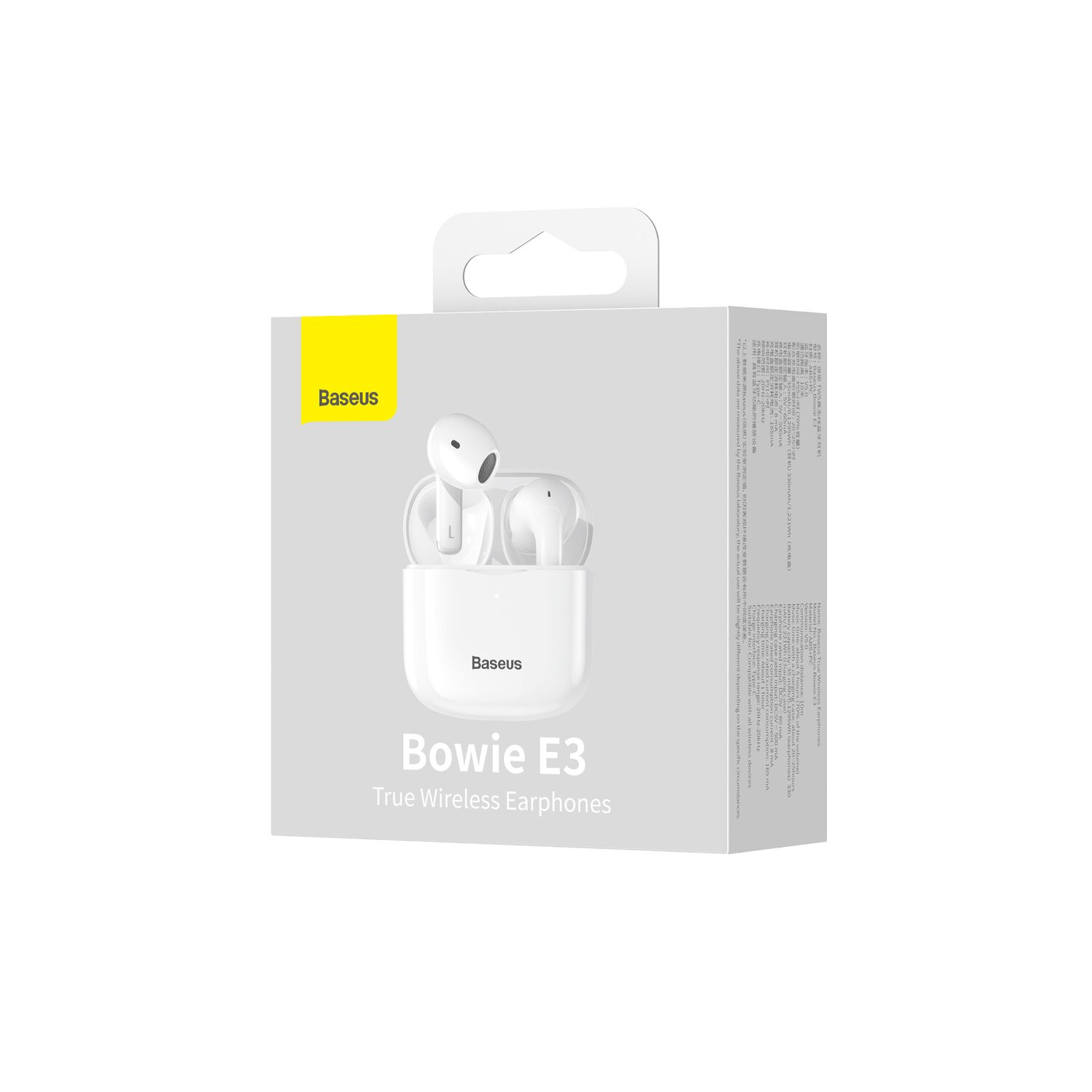 Eine weiße Schachtel mit Baseus Bowie E3 Ohrhörern mit Produktnamen und Logo.