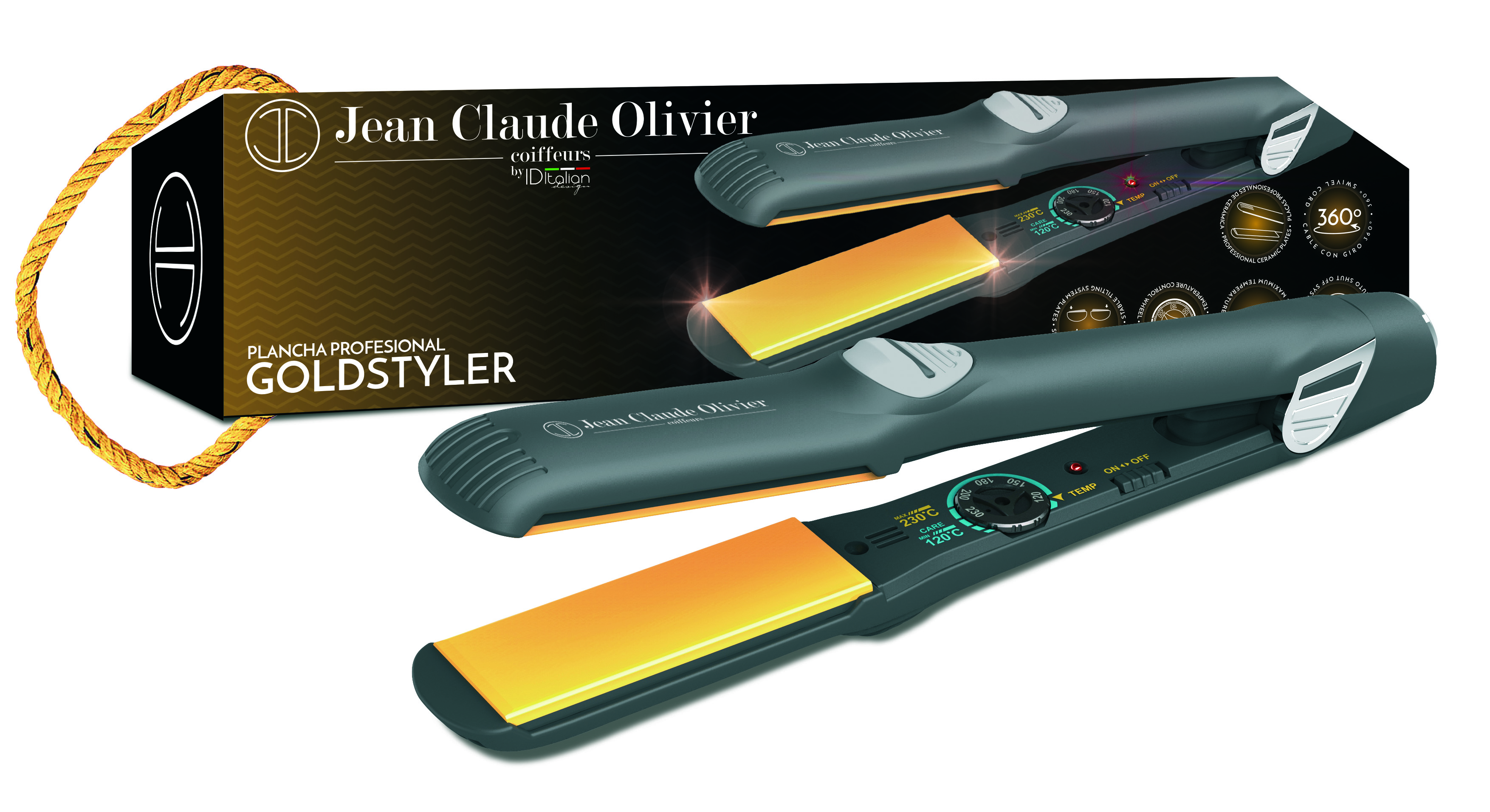 Hair straightener with black handles, gold plates, and a gold box.