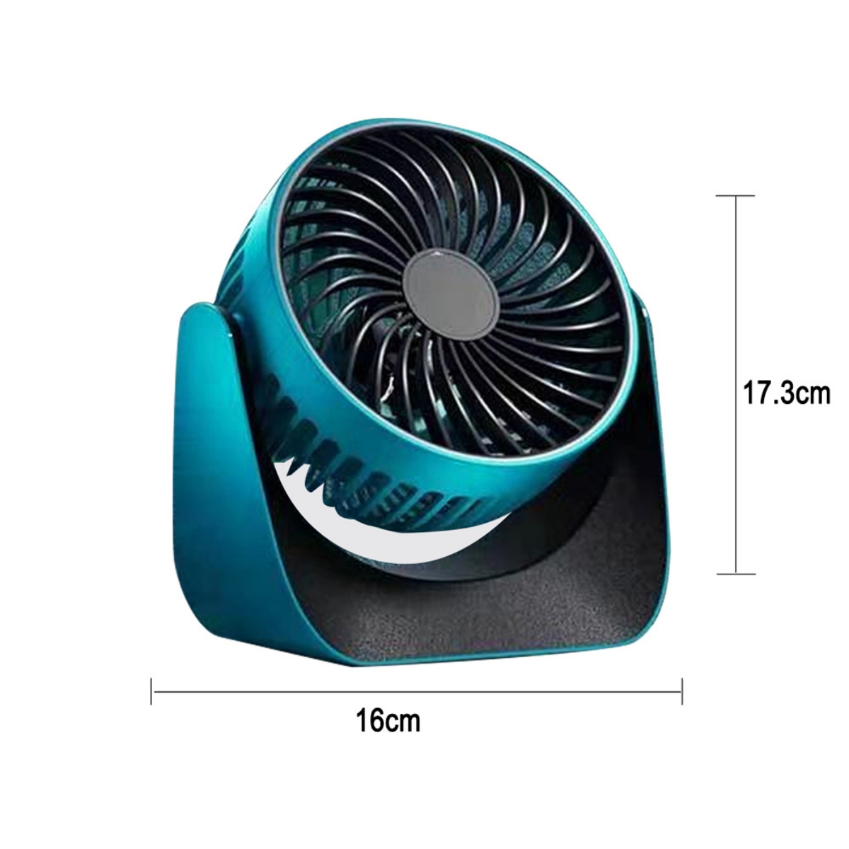 Kleiner türkisfarbener Ventilator mit schwarzem Sockel. Abmessungen sind angegeben.