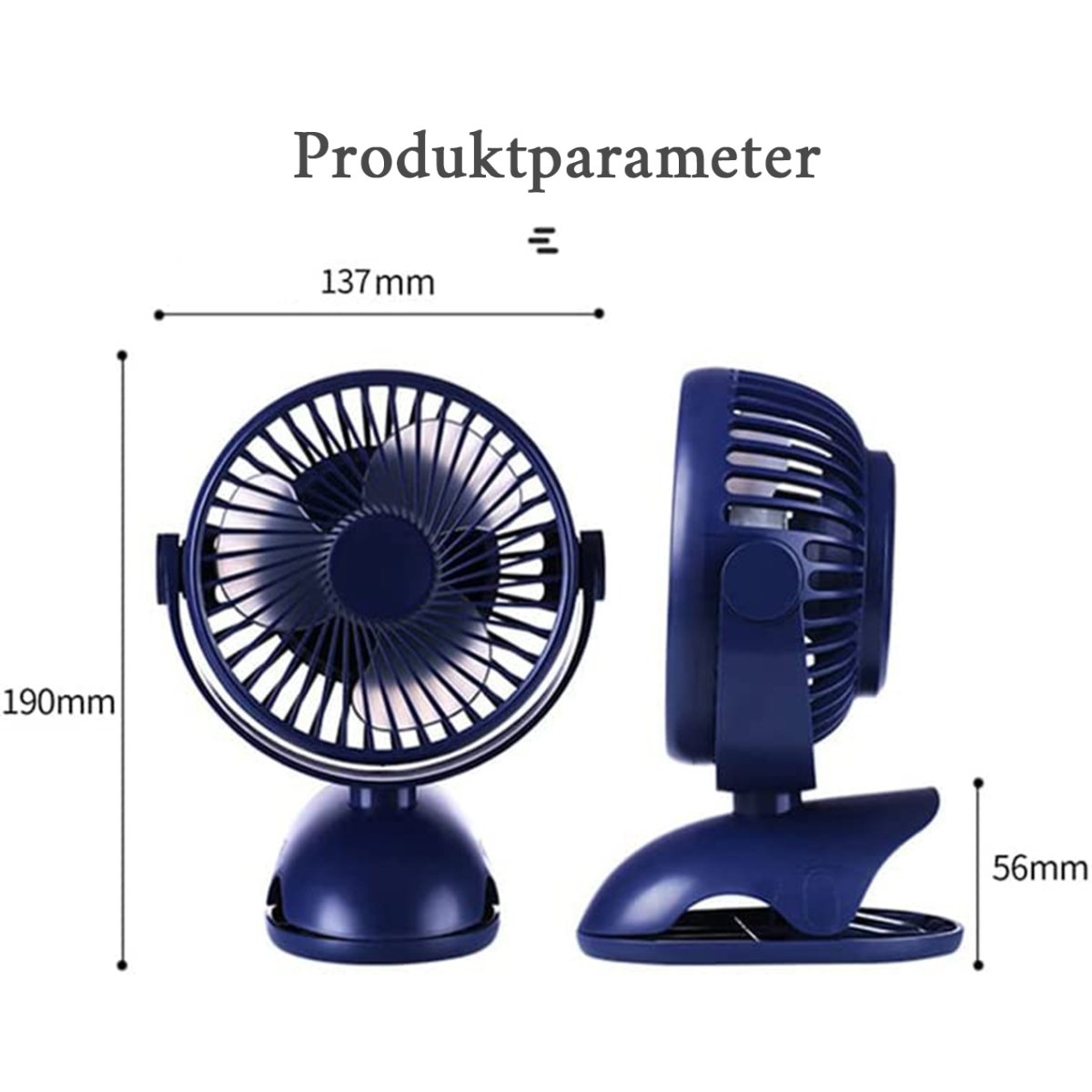 Zwei Ansichten eines dunkelblauen Schreibtischventilators. Eine Ansicht zeigt den Lüfter von vorne, die andere von der Seite.
