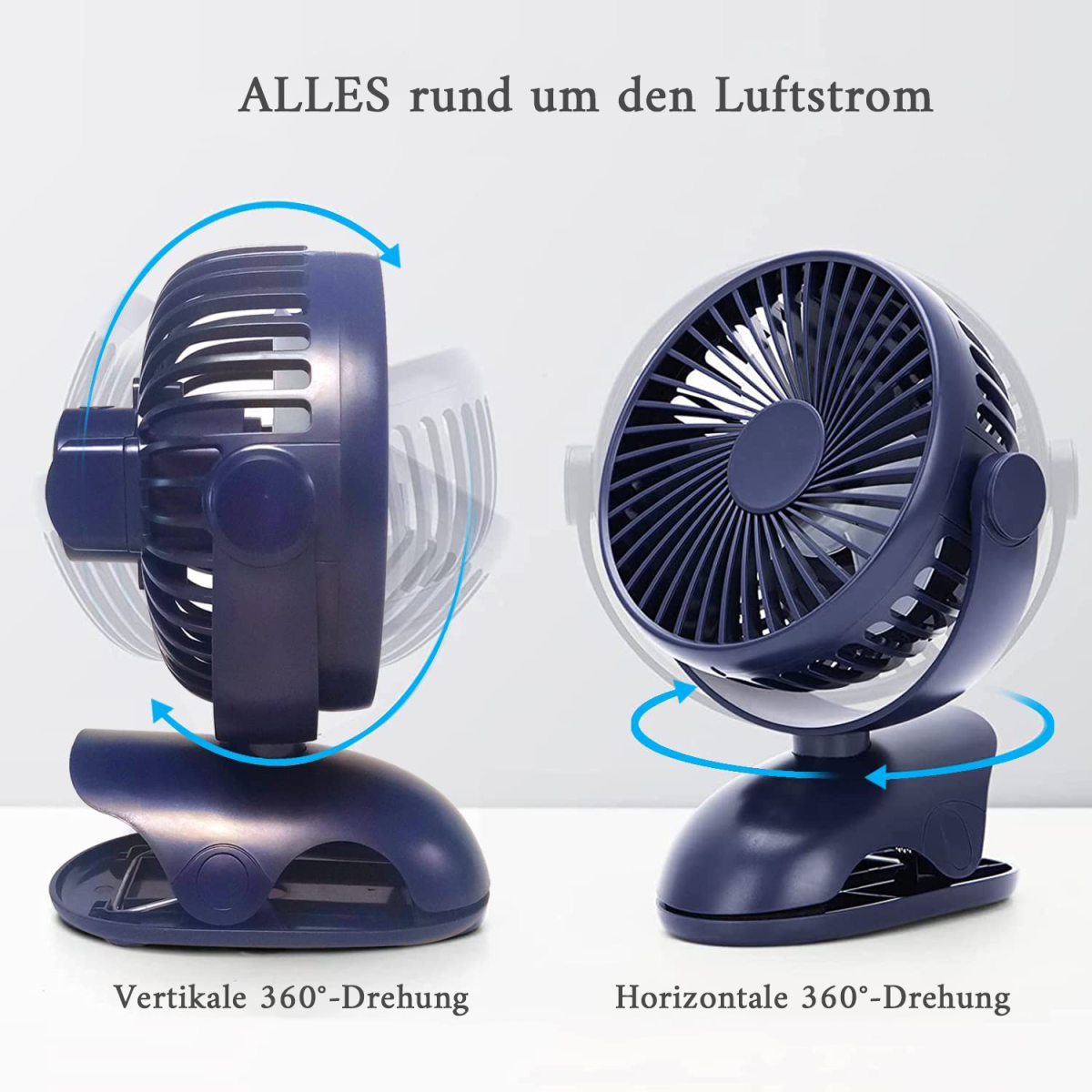 Zwei blaue Ventilatoren mit Text. Einer schwenkt vertikal, der andere horizontal. Weißer Hintergrund.