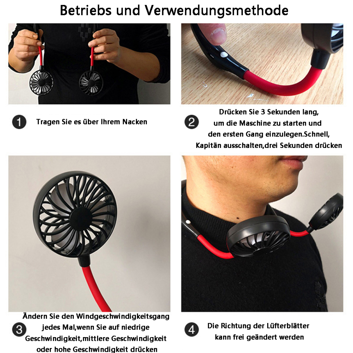 Anleitung für einen Nackenventilator, die Schritte und Diagramme in deutschem Text zeigt.