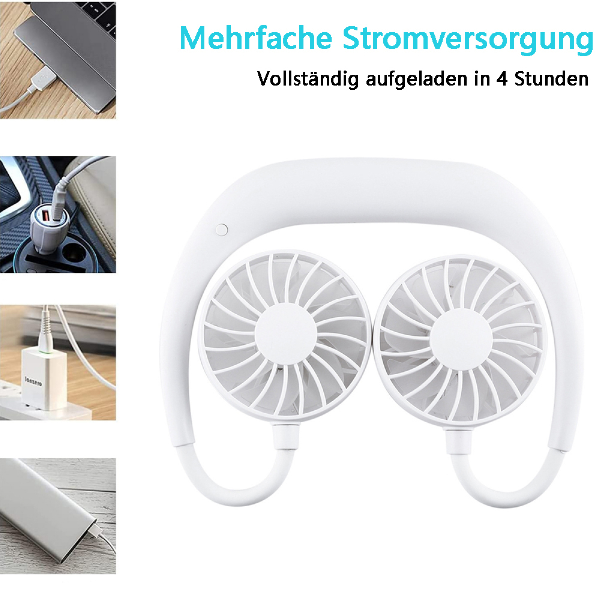 Ein weißer Nackenventilator mit mehreren Ladeoptionen und einem weißen Hintergrund.