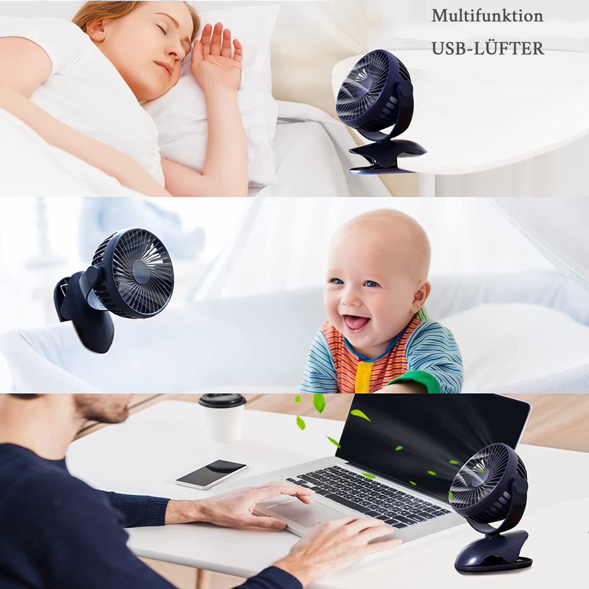 Ventilator in drei Szenen: in der Nähe einer schlafenden Frau, eines Babys und einer Person am Laptop.