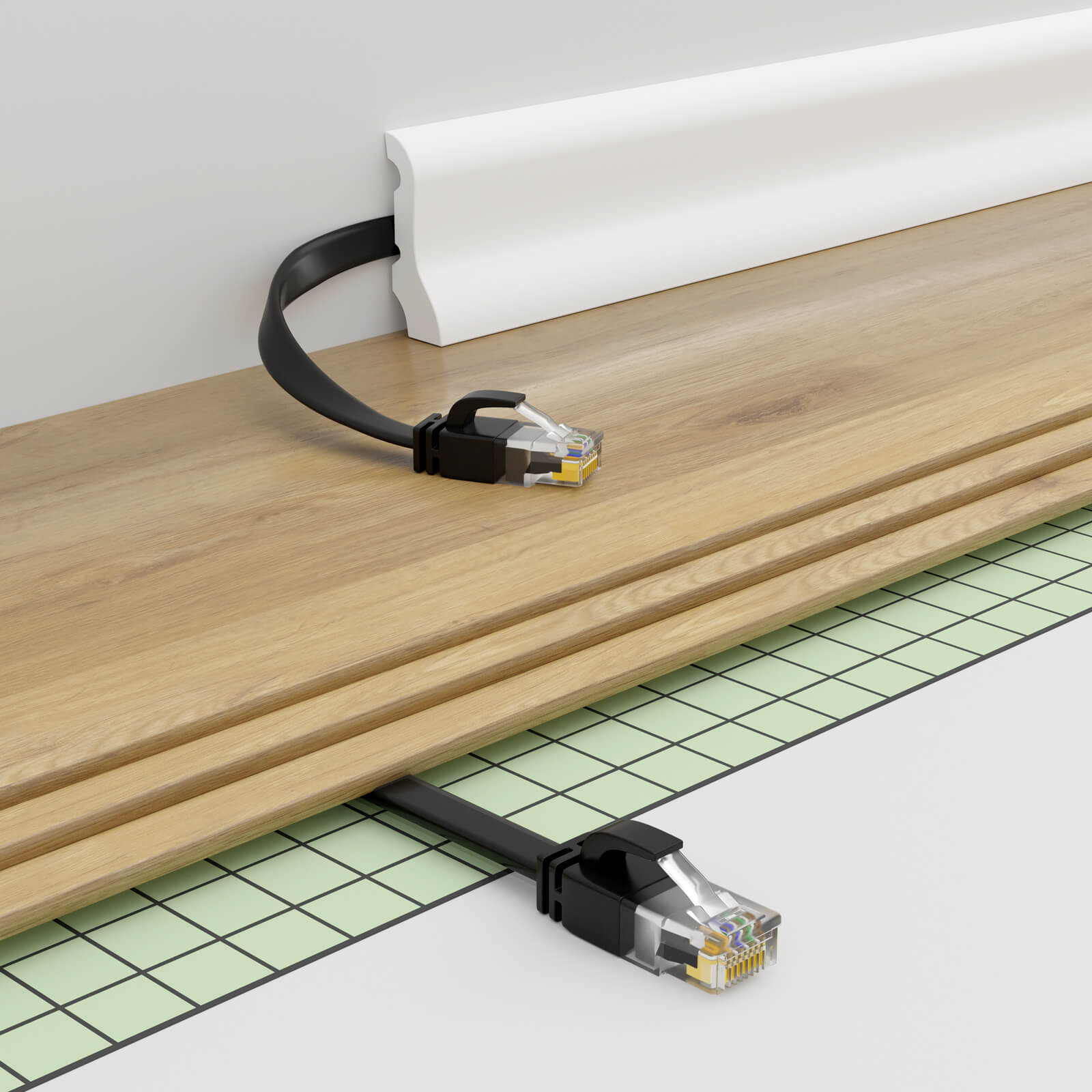 Ein Ethernet-Kabel verläuft durch eine Wand und unter einem Boden. Anschlüsse sind sichtbar.