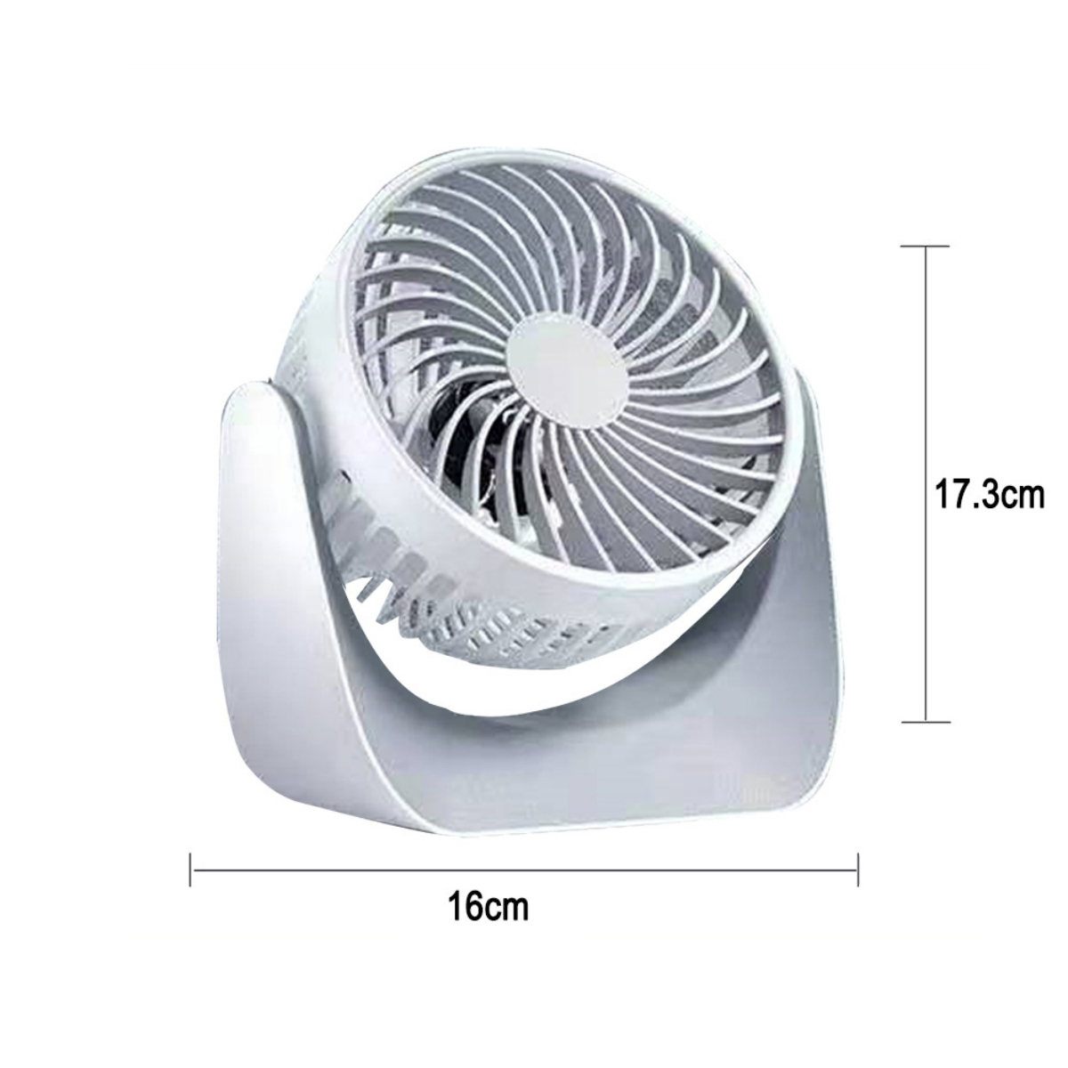 Weißer Schreibtischventilator mit den Maßen 16 cm x 17,3 cm auf weißem Hintergrund.