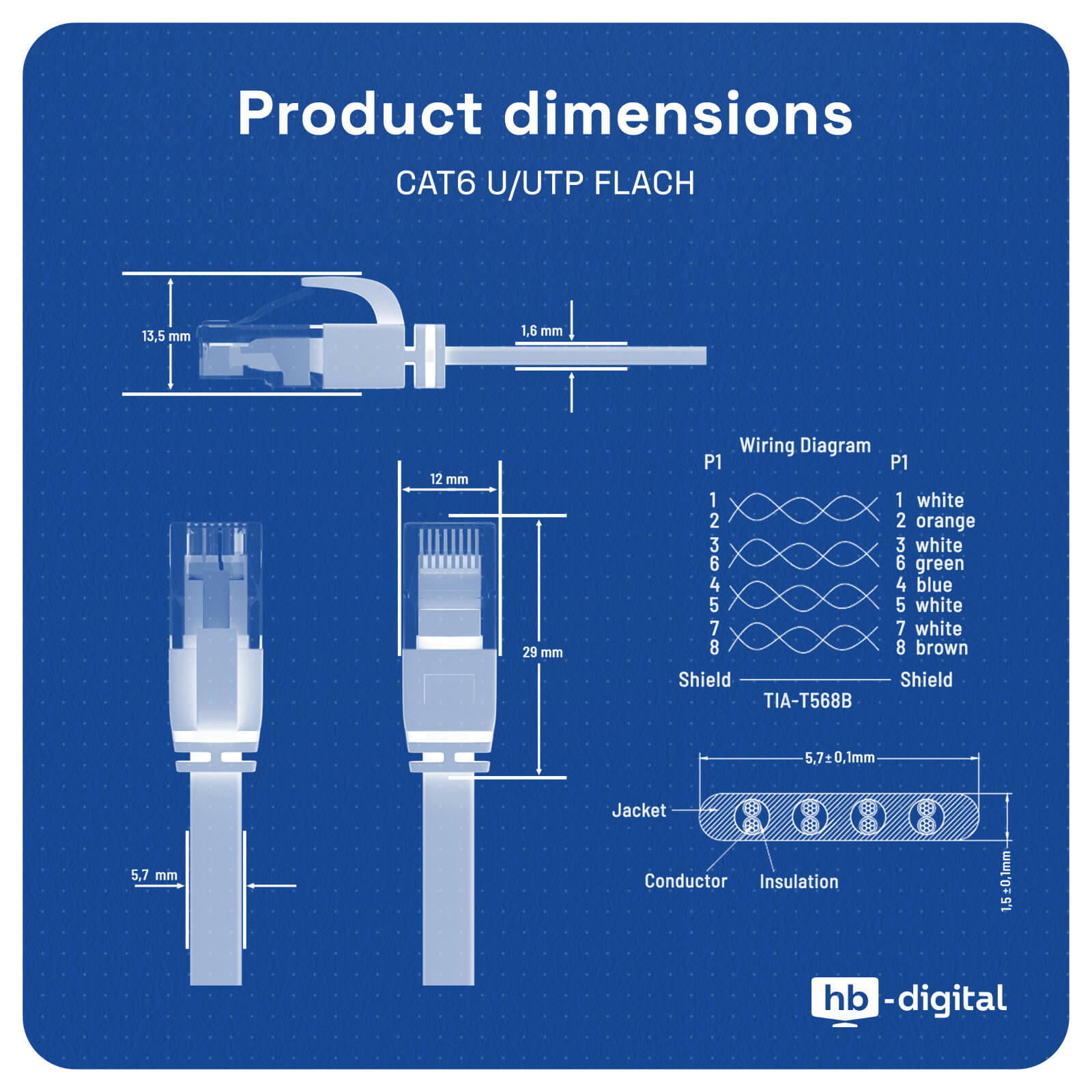 Diagramm der Produktabmessungen für ein CAT6 U/UTP FLACH-Kabel. Es enthält Abmessungen und Verdrahtungsdiagramme.