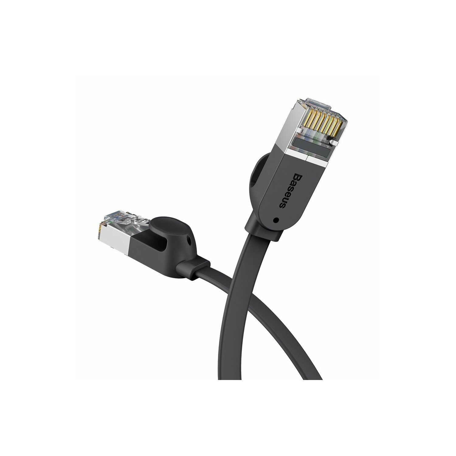 Cavo Ethernet nero con connettori, su sfondo bianco. I connettori sono grigi.