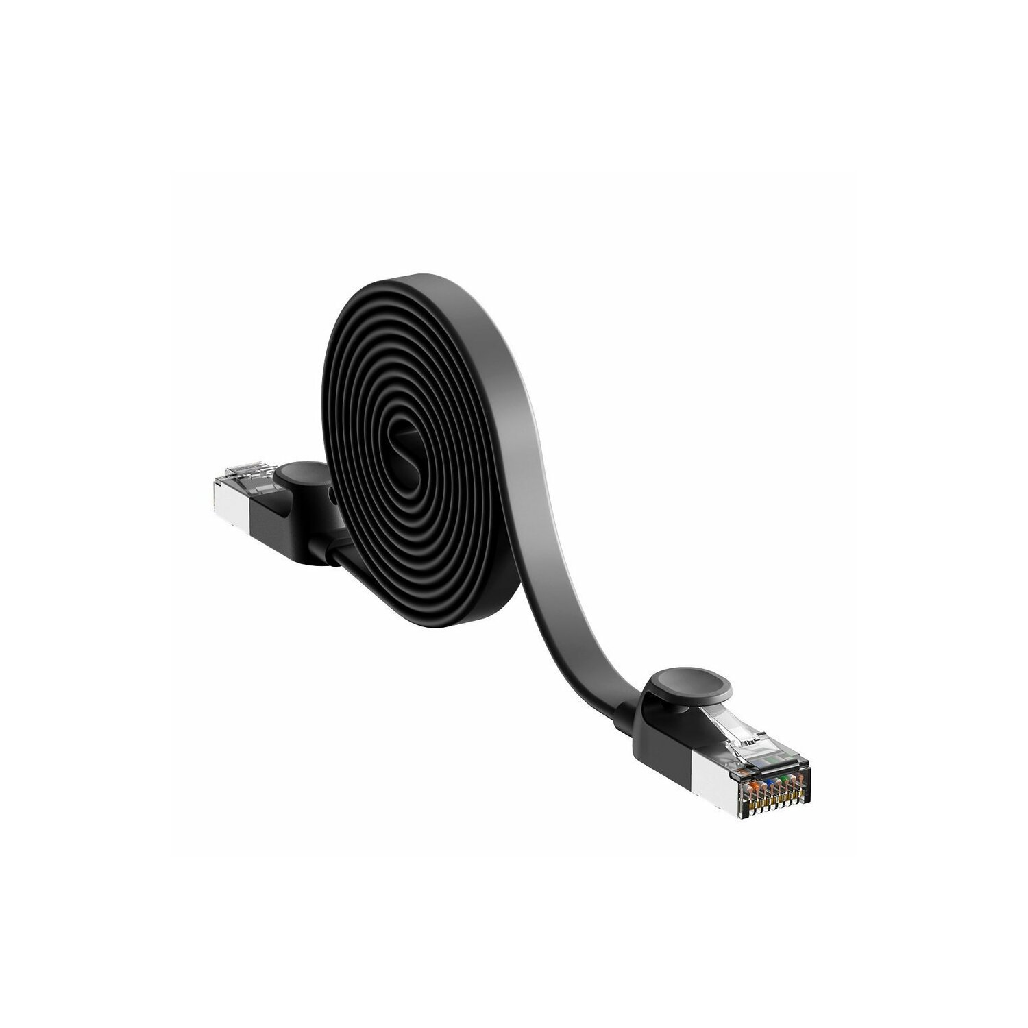 Cavo ethernet piatto nero arrotolato con connettori su entrambe le estremità.