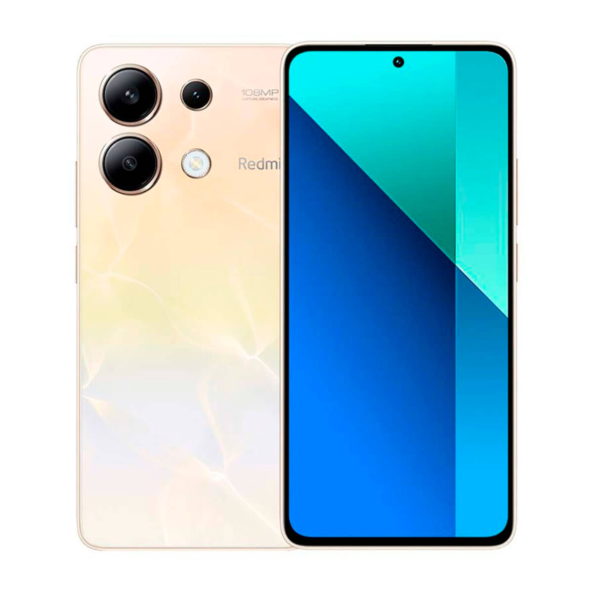 Goldenes Smartphone mit drei Kameras auf der Rückseite und einem blauen Bildschirm.