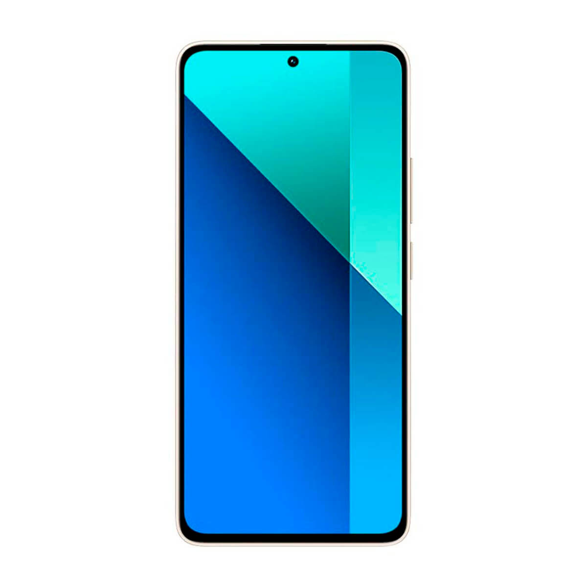 Ein Smartphone mit großem blau-türkisen Bildschirm, goldenem Rahmen und Frontkamera.