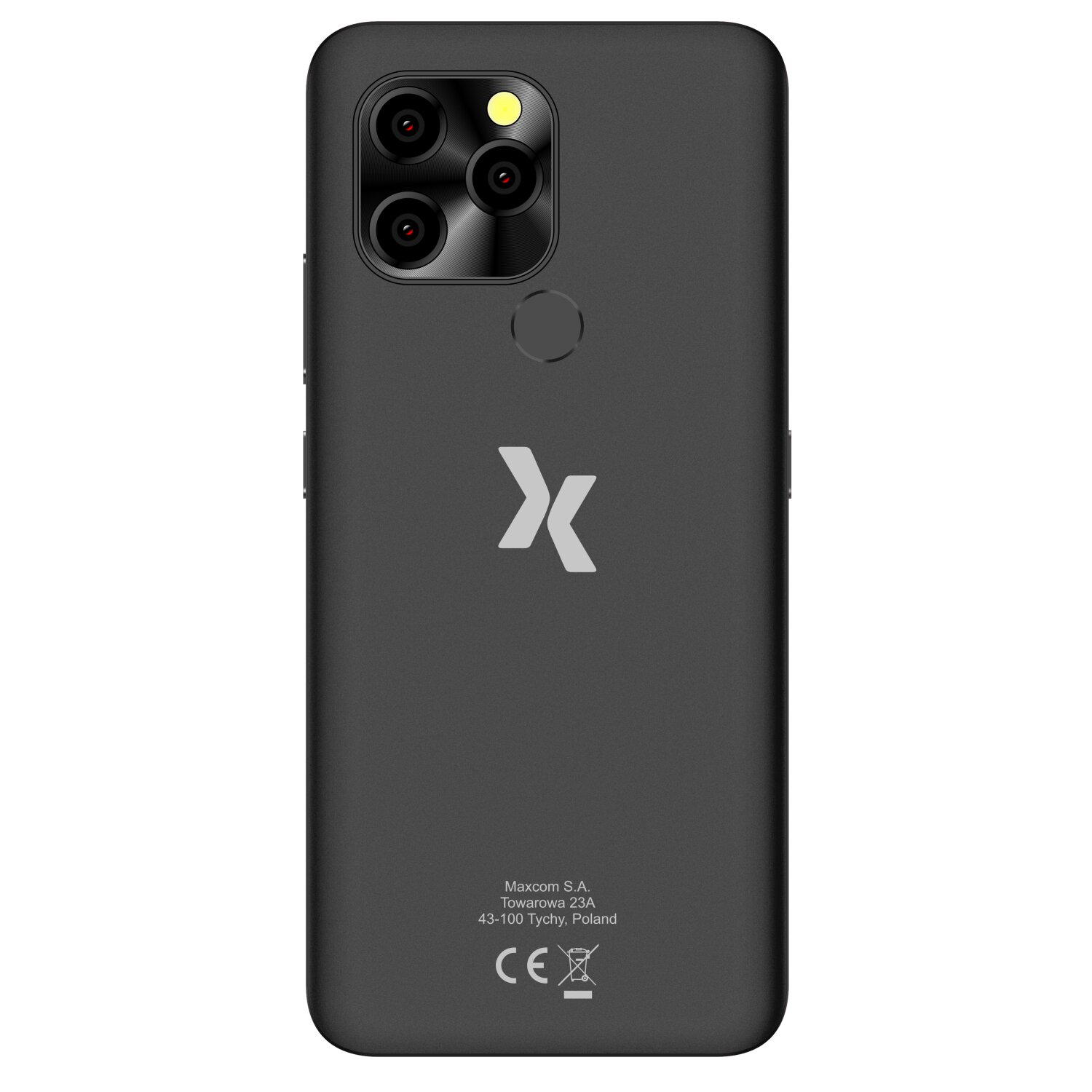 Schwarzes Telefon, drei Kameras, weißes Logo. Weißer Hintergrund. Rückansicht.