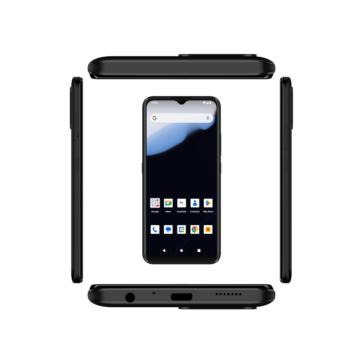 Ein schwarzes Smartphone, aus verschiedenen Blickwinkeln dargestellt, vor weißem Hintergrund.
